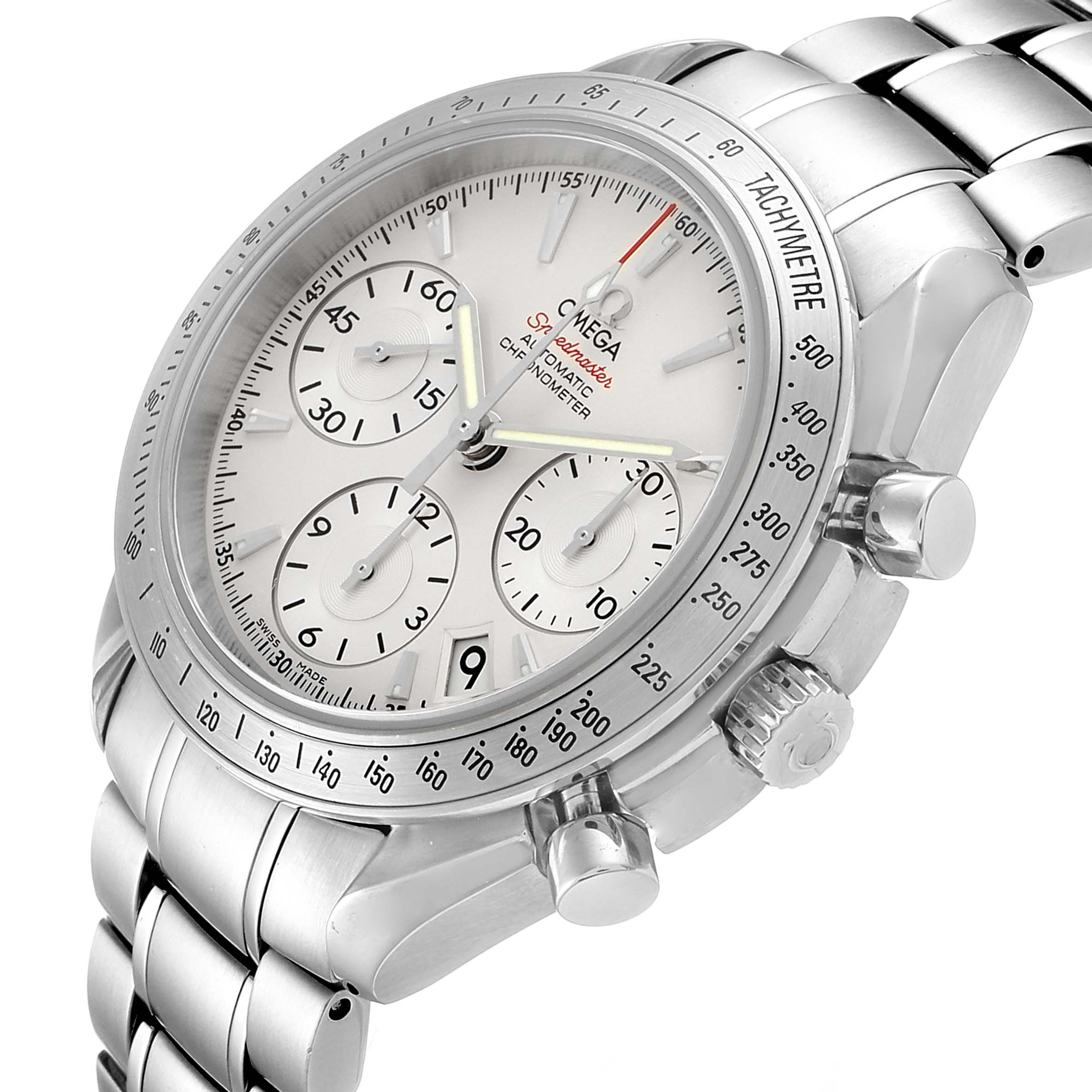 This image shows an Omega Speedmaster 323.10.40.40.02.001 Men
s Stainless Steel Silver Dial 323.10.40.40.02.001 Men
s Stainless Steel Silver Dial watch from a three-quarter view, highlighting the face, tachymeter bezel, and bracelet.