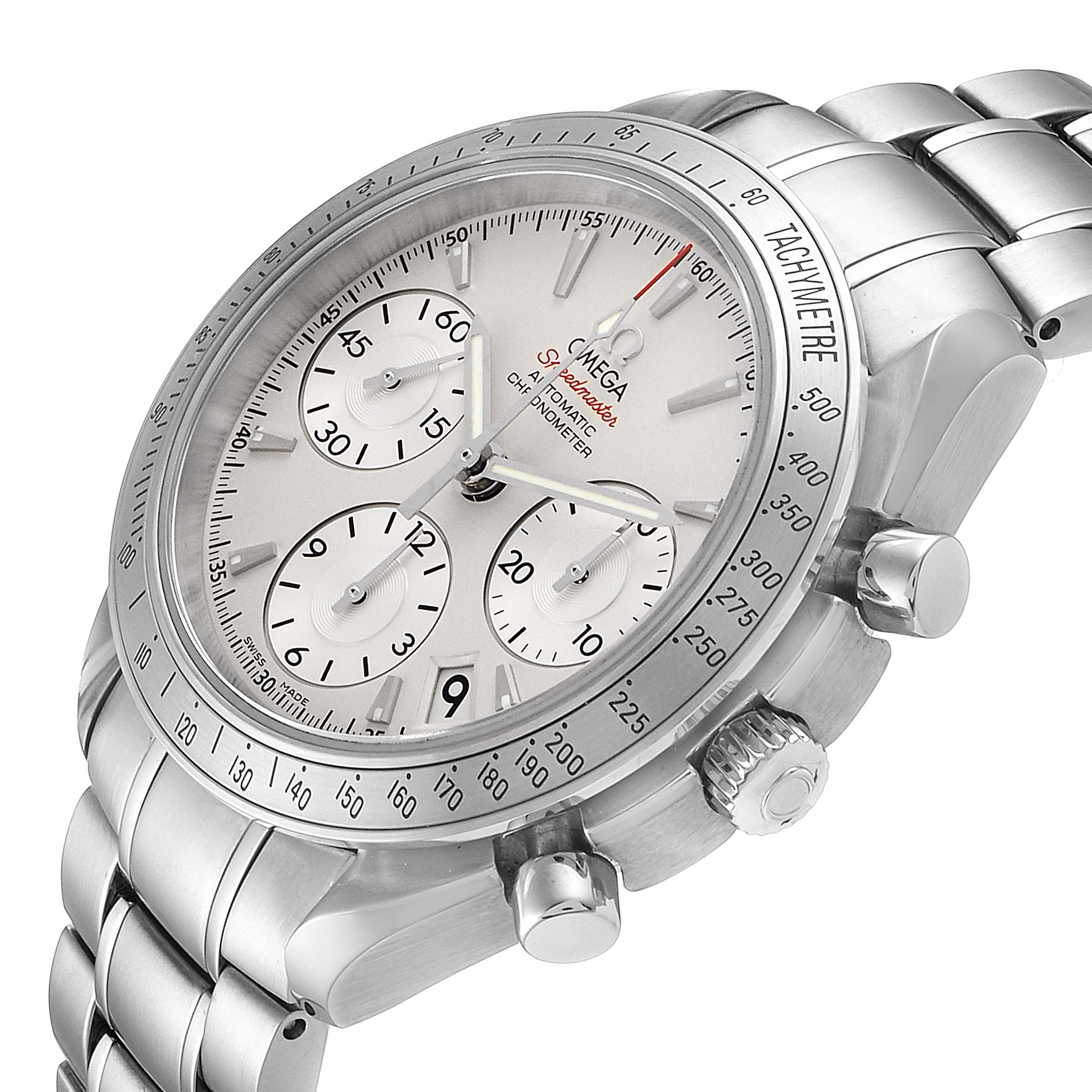 The Omega Speedmaster 323.10.40.40.02.001 Men
s Stainless Steel Silver Dial 323.10.40.40.02.001 Men
s Stainless Steel Silver Dial watch is shown at a three-quarter angle, highlighting the dial, chronograph subdials, bezel, crown, and bracelet.
