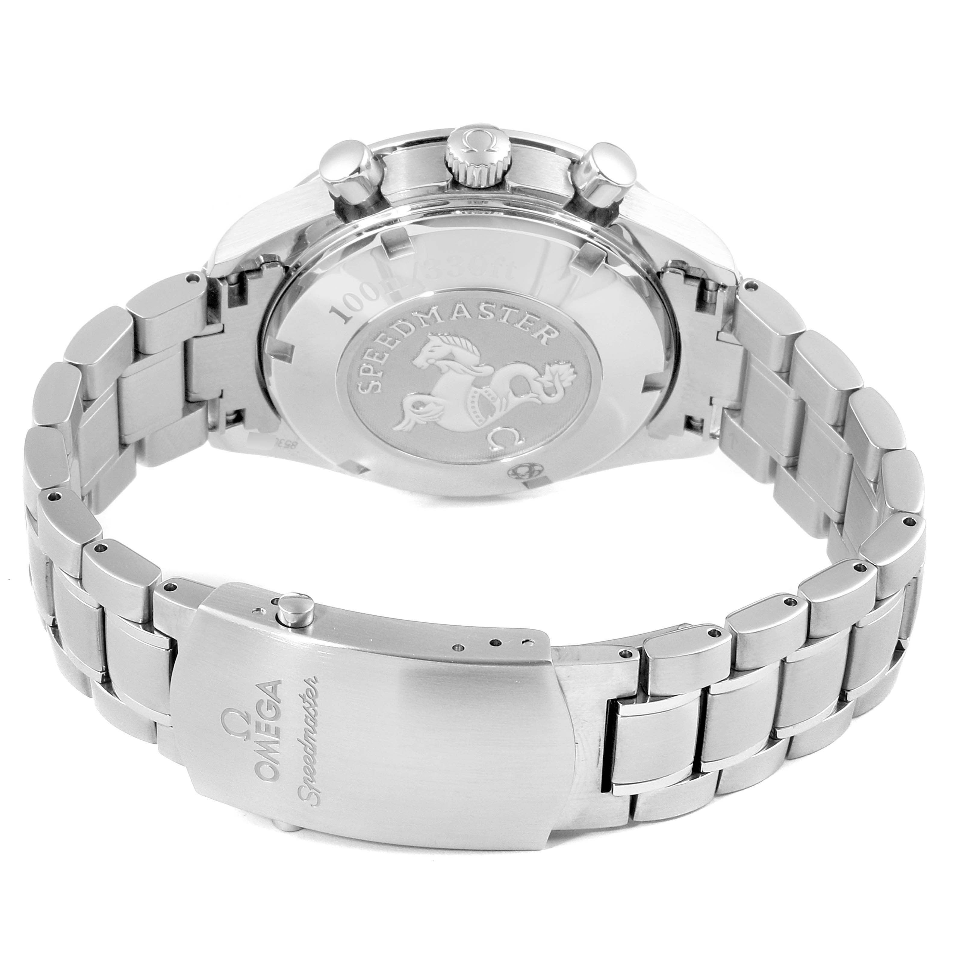 This image shows the back case, crown, pushers, and the stainless steel bracelet of an Omega Speedmaster 323.10.40.40.02.001 Men
s Stainless Steel Silver Dial 323.10.40.40.02.001 Men
s Stainless Steel Silver Dial watch.