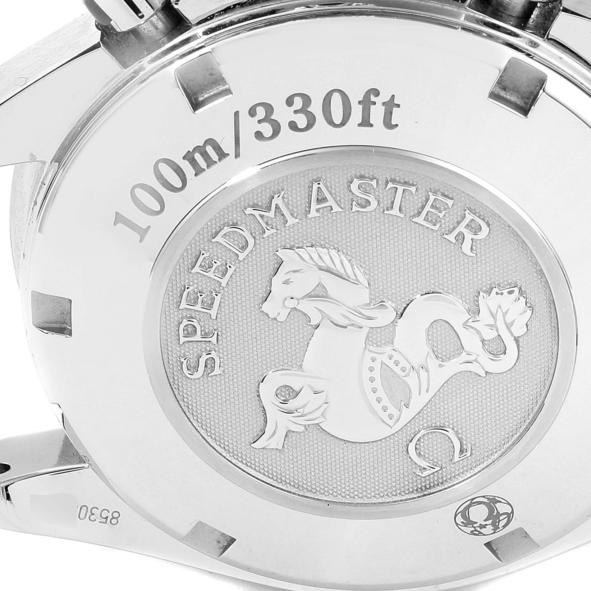 This image shows the case back of an Omega Speedmaster 323.10.40.40.02.001 Men
s Stainless Steel Silver Dial 323.10.40.40.02.001 Men
s Stainless Steel Silver Dial watch, highlighting its 100m/330ft water resistance.