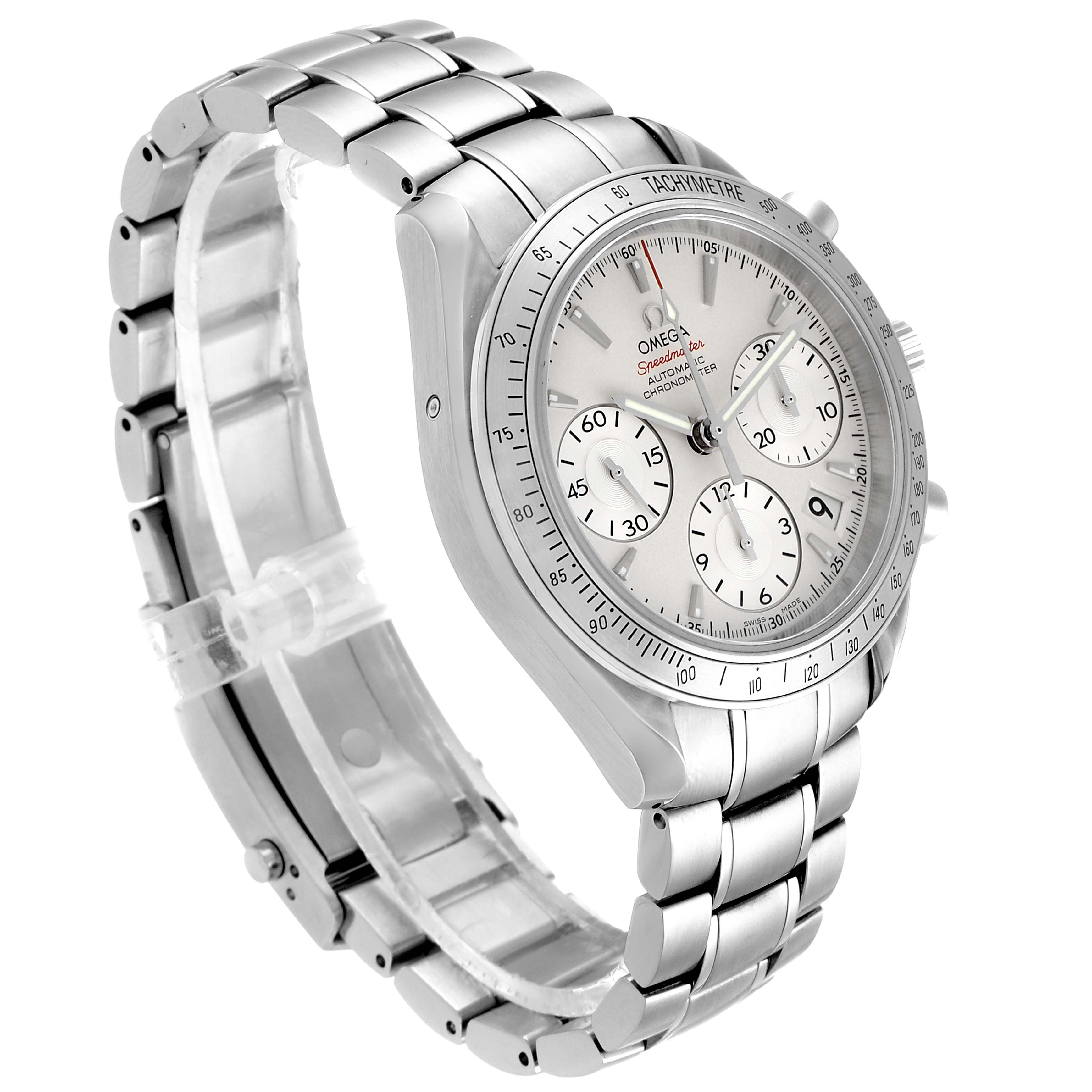 The image shows an angled view of an Omega Speedmaster 323.10.40.40.02.001 Men
s Stainless Steel Silver Dial 323.10.40.40.02.001 Men
s Stainless Steel Silver Dial, displaying the bracelet, bezel, and face with subdials.