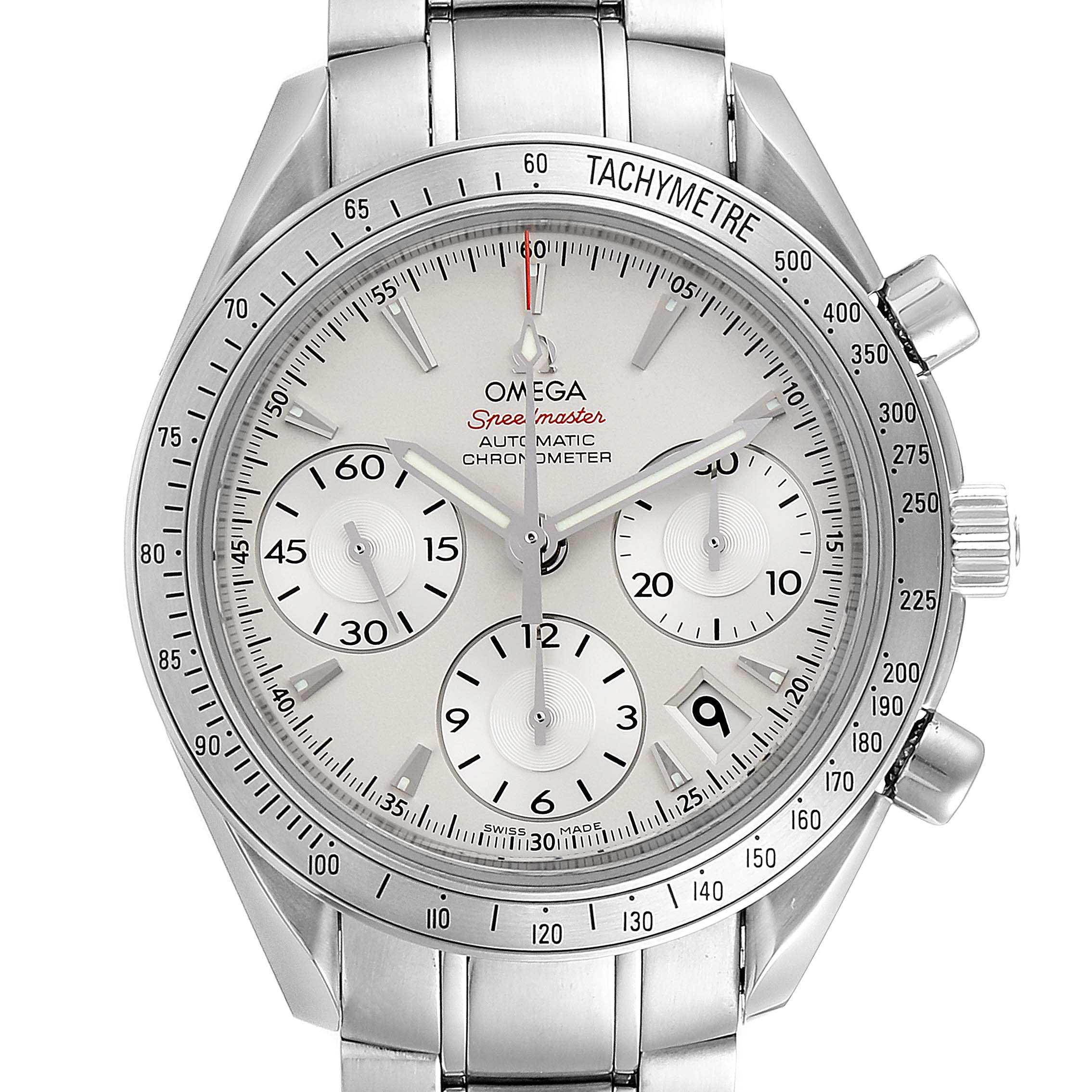The image shows a frontal view of an Omega Speedmaster 323.10.40.40.02.001 Men
s Stainless Steel Silver Dial 323.10.40.40.02.001 Men
s Stainless Steel Silver Dial watch, displaying its face, tachymeter, sub-dials, and metal bracelet.