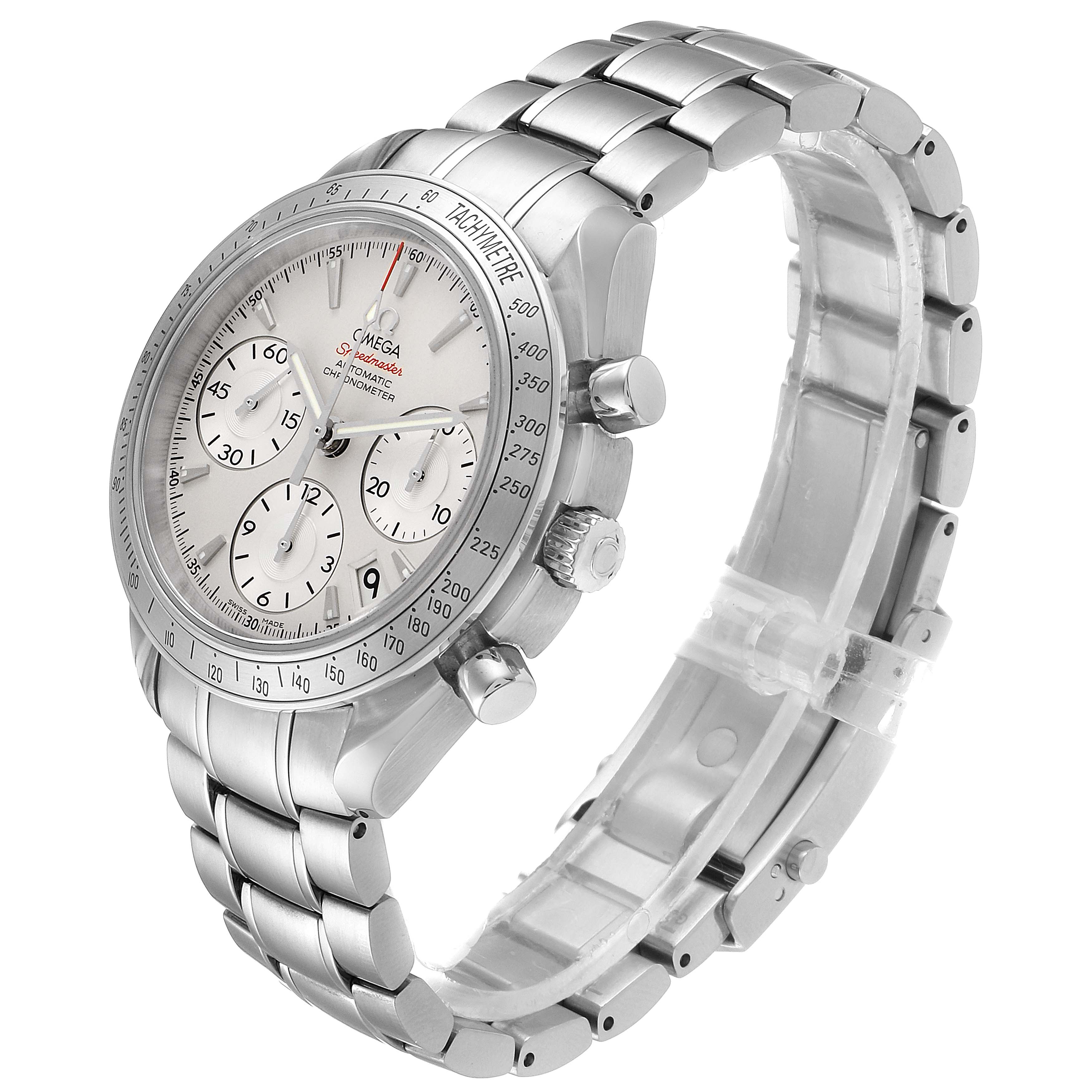 The Omega Speedmaster 323.10.40.40.02.001 Men
s Stainless Steel Silver Dial 323.10.40.40.02.001 Men
s Stainless Steel Silver Dial watch is shown at an oblique angle, displaying the face, bezel, pushers, crown, and bracelet.