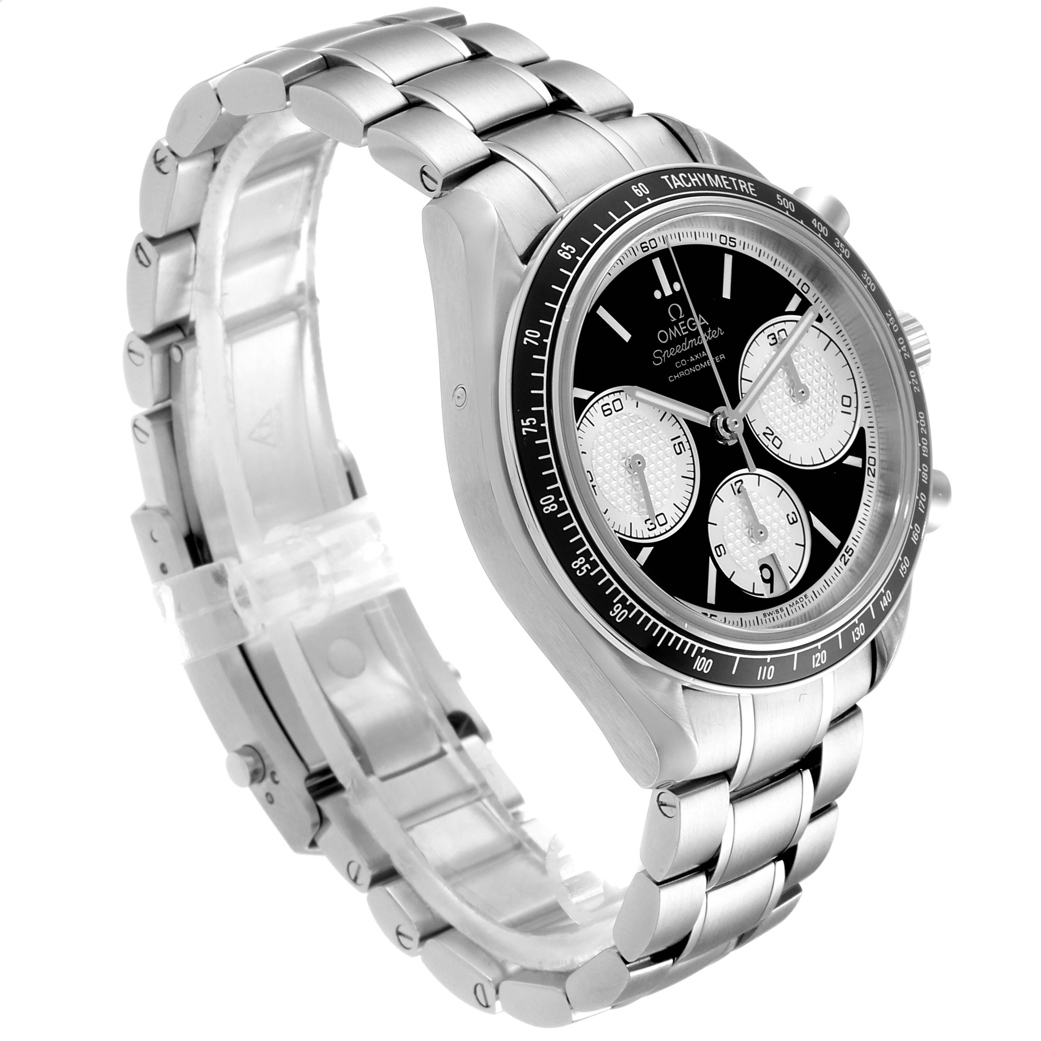 The image shows an Omega Speedmaster 326.30.40.50.01.002 Men
s Stainless Steel Black Dial 326.30.40.50.01.002 Men
s Stainless Steel Black Dial watch from an oblique side angle, highlighting its face, bezel, buttons, and metal bracelet.