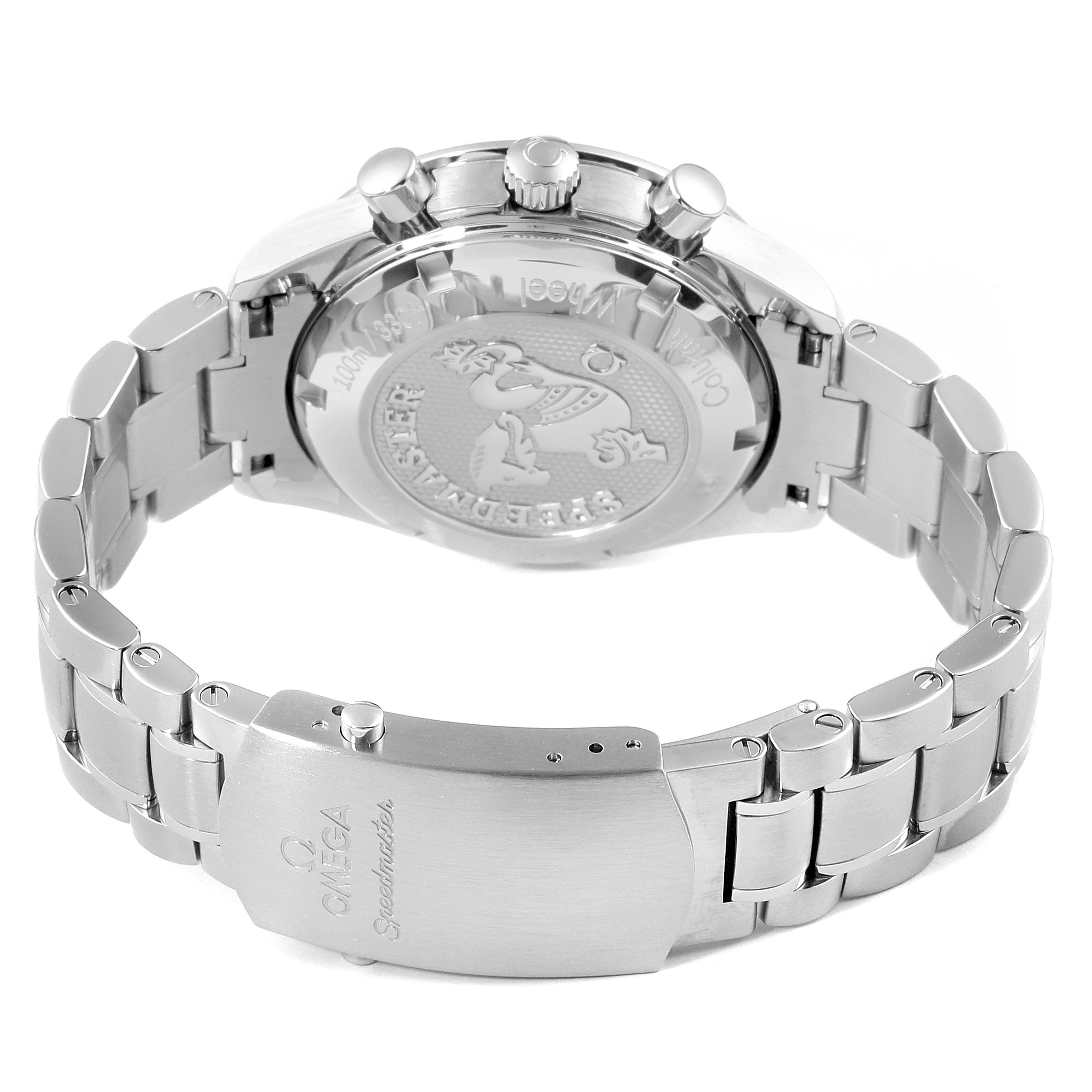 The image shows the back and deployment clasp of an Omega Speedmaster 326.30.40.50.01.002 Men
s Stainless Steel Black Dial 326.30.40.50.01.002 Men
s Stainless Steel Black Dial with a stainless steel bracelet.