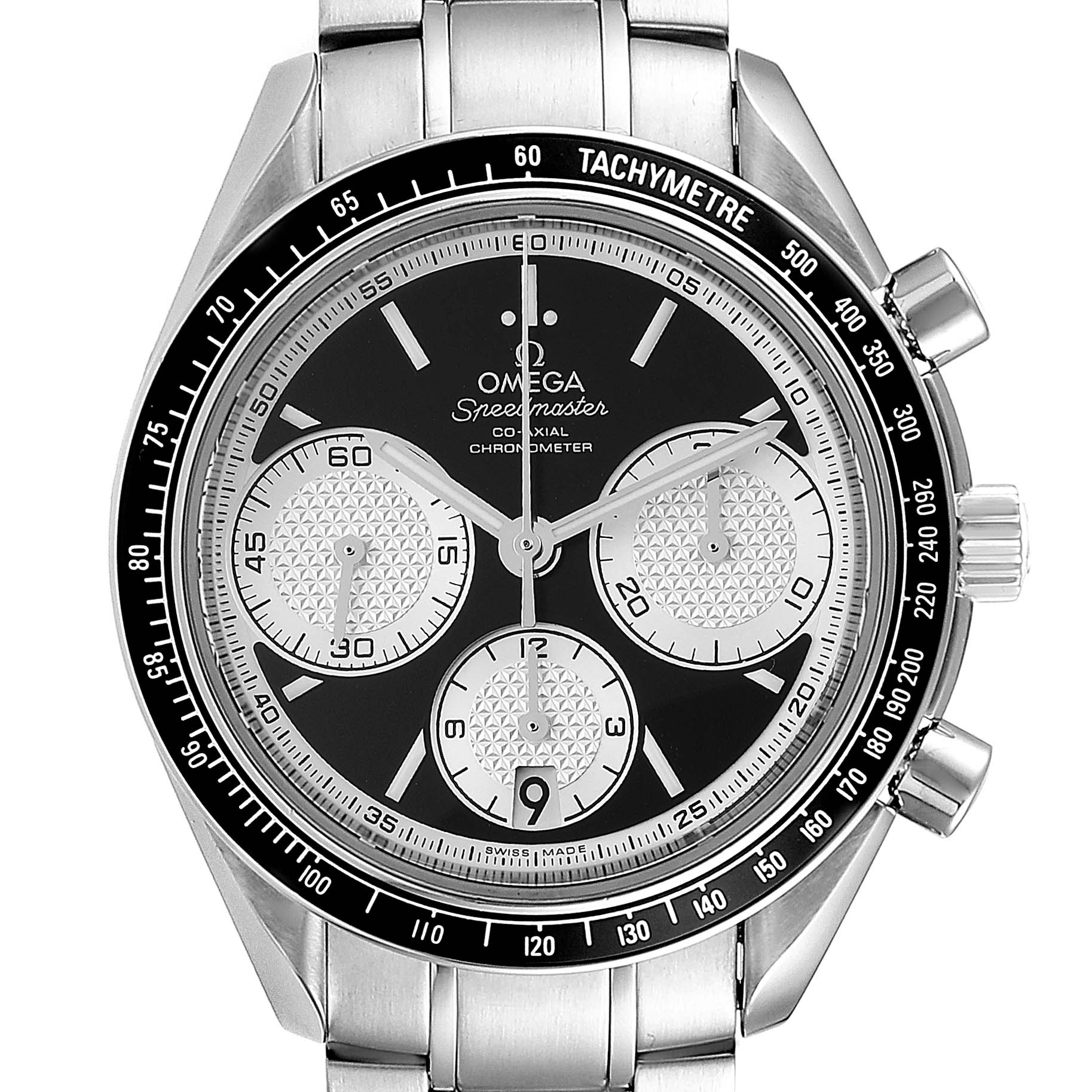 The image shows the face and chronograph features of an Omega Speedmaster 326.30.40.50.01.002 Men
s Stainless Steel Black Dial 326.30.40.50.01.002 Men
s Stainless Steel Black Dial watch from a front angle.