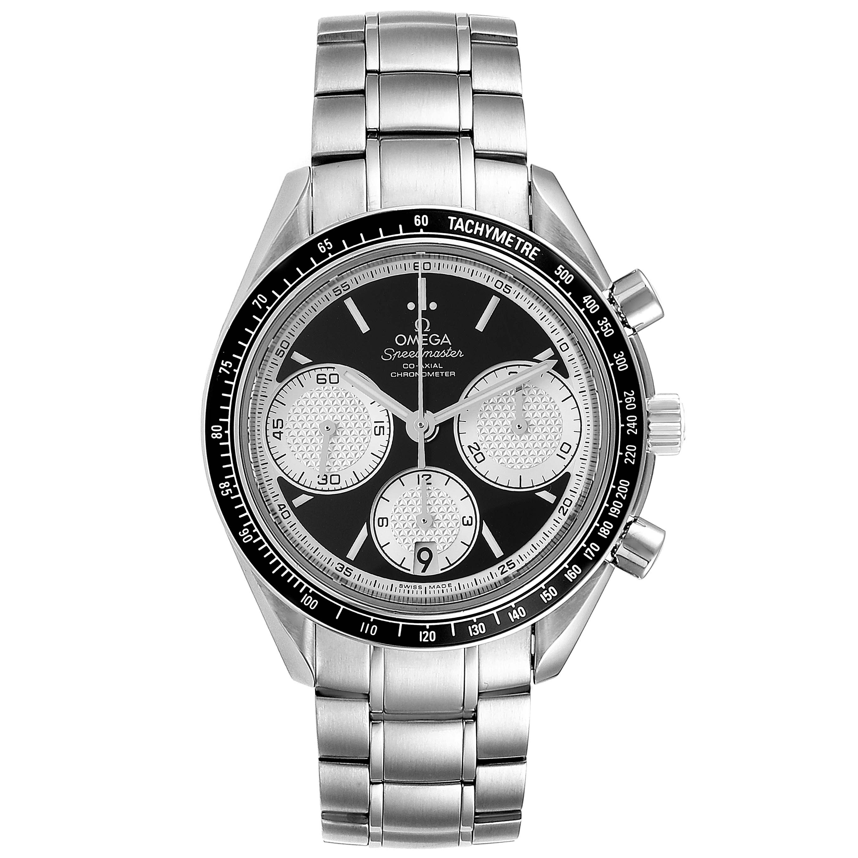 The Omega Speedmaster 326.30.40.50.01.002 Men
s Stainless Steel Black Dial 326.30.40.50.01.002 Men
s Stainless Steel Black Dial watch is shown from the front, displaying its face, bracelet, and chronograph pushers.