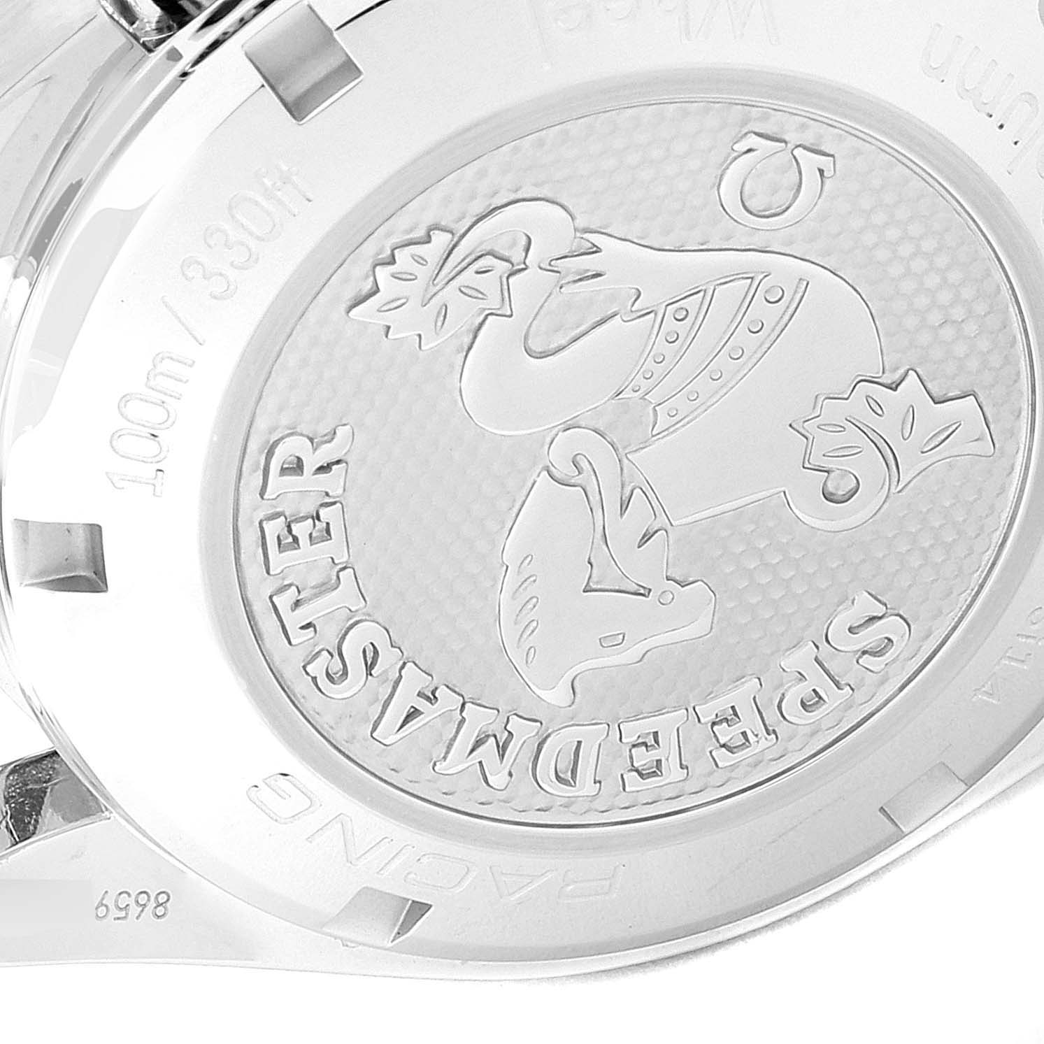 The image shows the engraved caseback of an Omega Speedmaster 326.30.40.50.01.002 Men
s Stainless Steel Black Dial 326.30.40.50.01.002 Men
s Stainless Steel Black Dial watch, featuring the "Speedmaster" text and the Hippocampus logo.