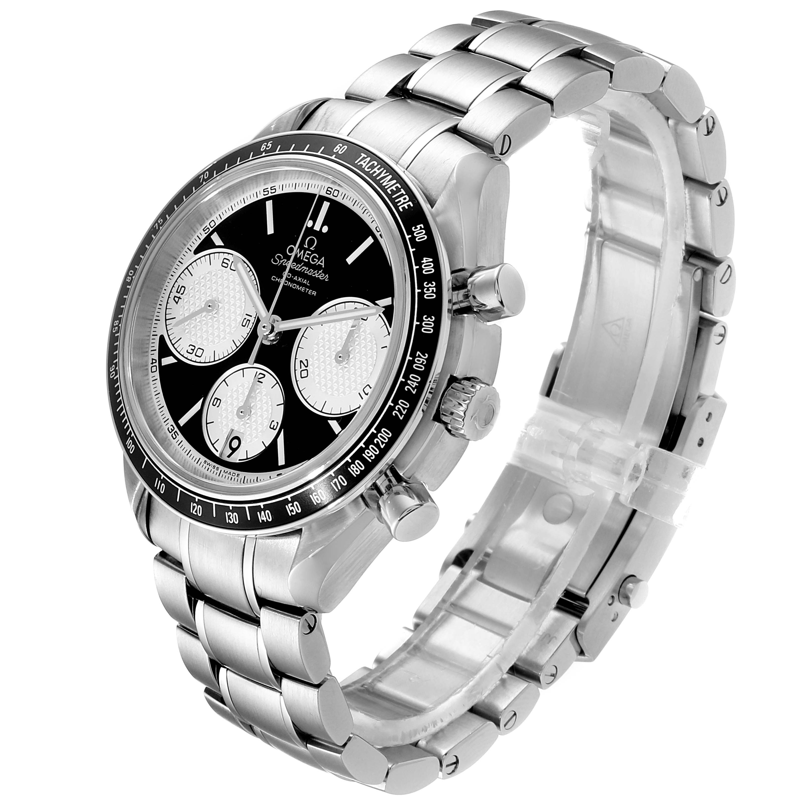 This image shows a stainless steel Omega Speedmaster 326.30.40.50.01.002 Men
s Stainless Steel Black Dial 326.30.40.50.01.002 Men
s Stainless Steel Black Dial watch from a front-left angle, highlighting the dial, bezel, and band.