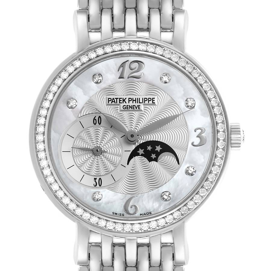 The Patek Philippe Calatrava watch is shown from a front angle, highlighting its dial, bracelet, and bejeweled bezel.