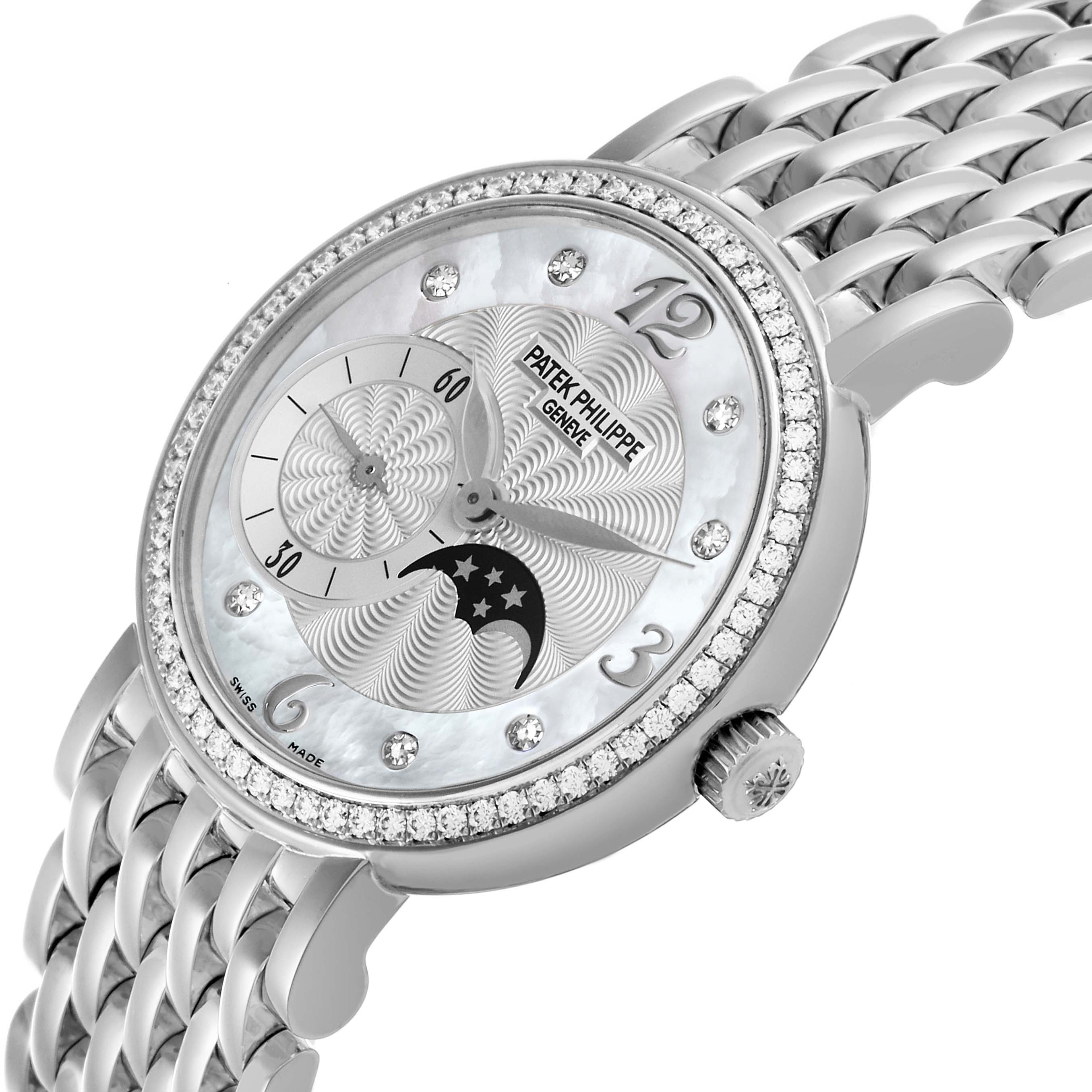 The Patek Philippe Calatrava 4958/1G-001 Women's White Gold Silver Dial 4958/1G-001 Women's White Gold Silver Dial watch is shown at a three-quarter angle, highlighting the face, bezel, and bracelet.