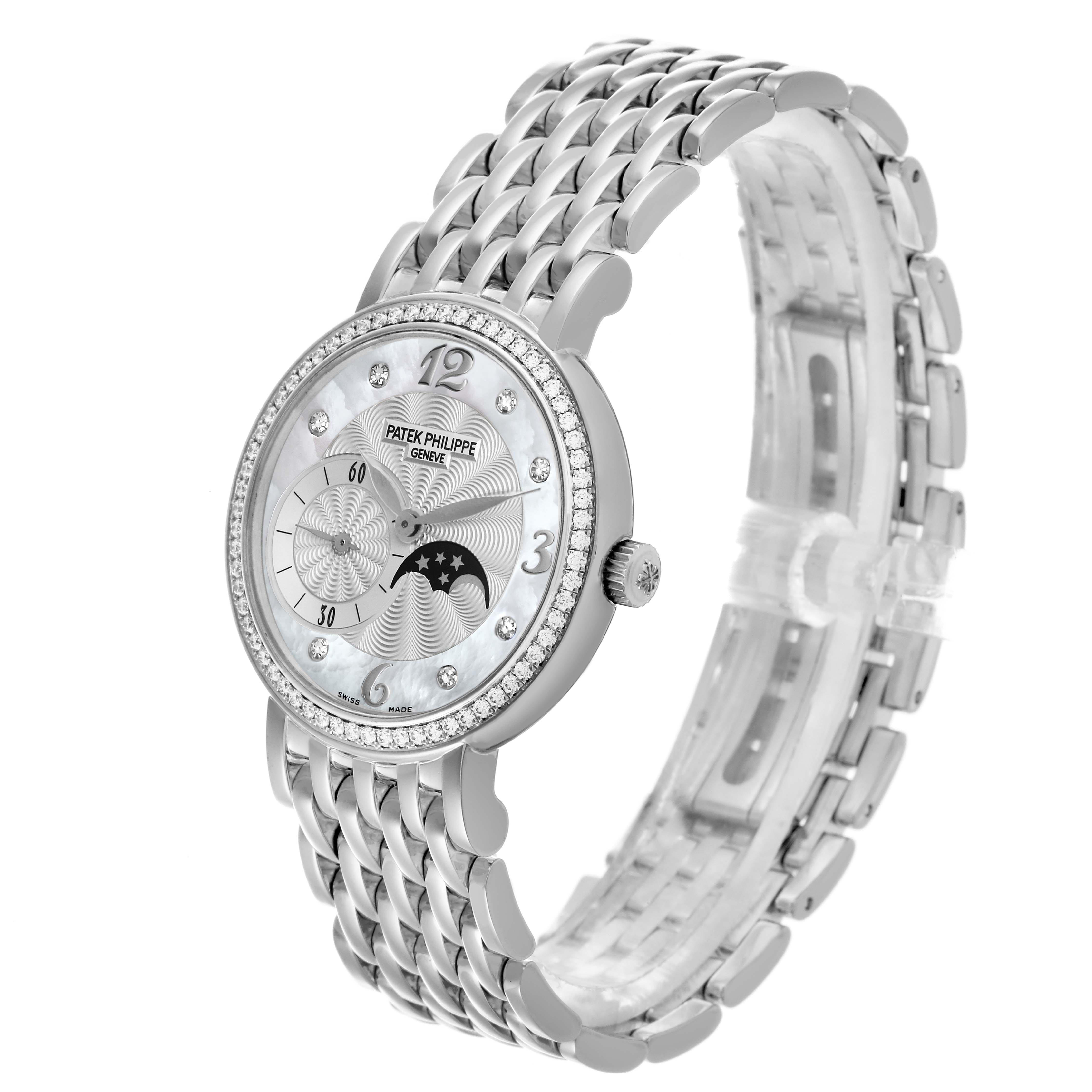 The Patek Philippe Calatrava 4958/1G-001 Women's White Gold Silver Dial 4958/1G-001 Women's White Gold Silver Dial watch is shown at a three-quarter angle, highlighting its face, bezel, crown, and bracelet.