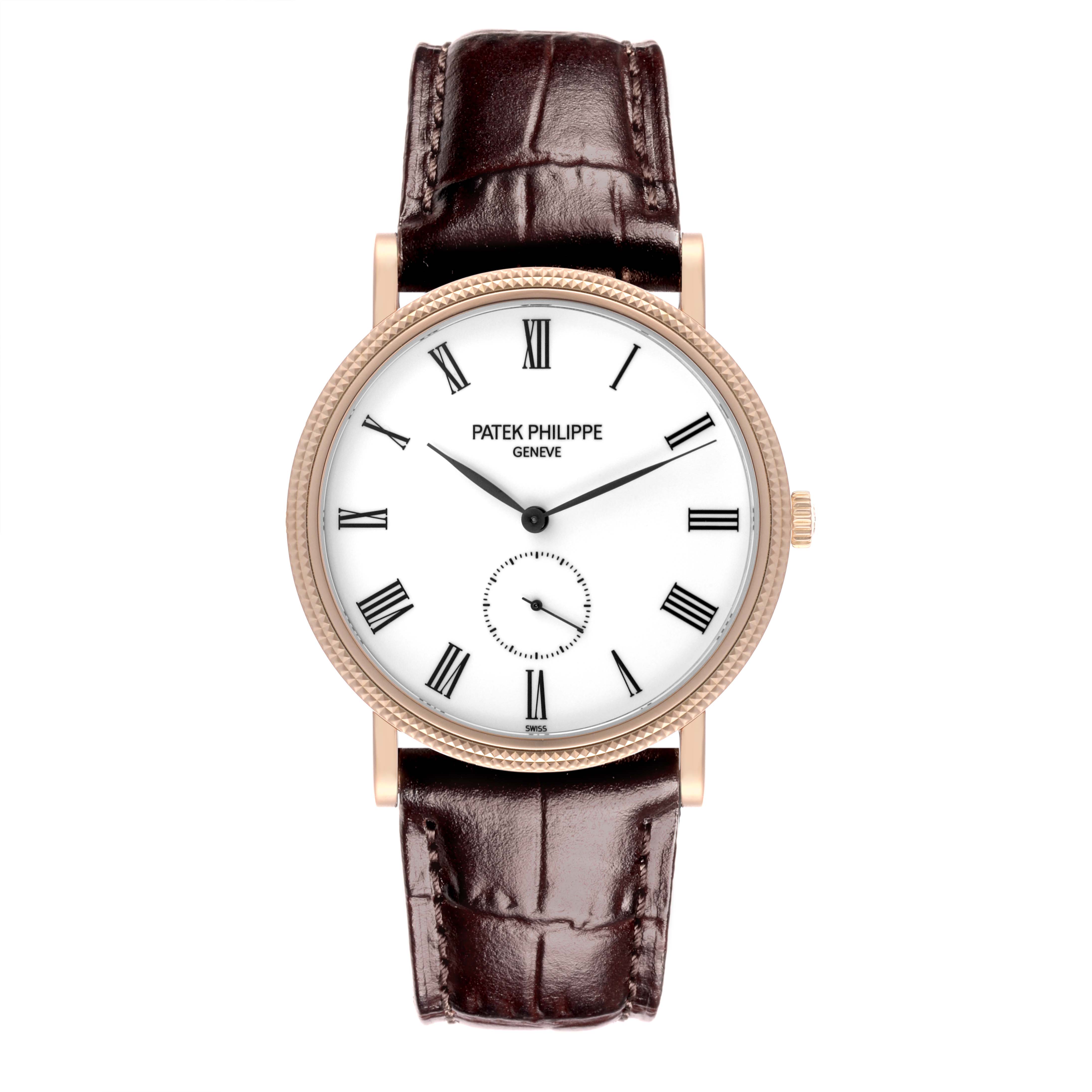 The Patek Philippe Calatrava 5119R-001 Men's Rose Gold White Dial 5119R-001 Men's Rose Gold White Dial is shown from the front, displaying the dial, hands, Roman numerals, and brown leather strap.