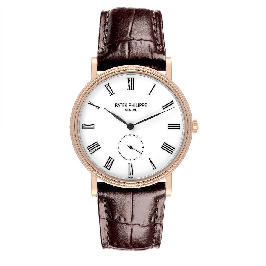 Patek Philippe Calatrava Rose Gold Brown Leather Strap Mens Watch 5119