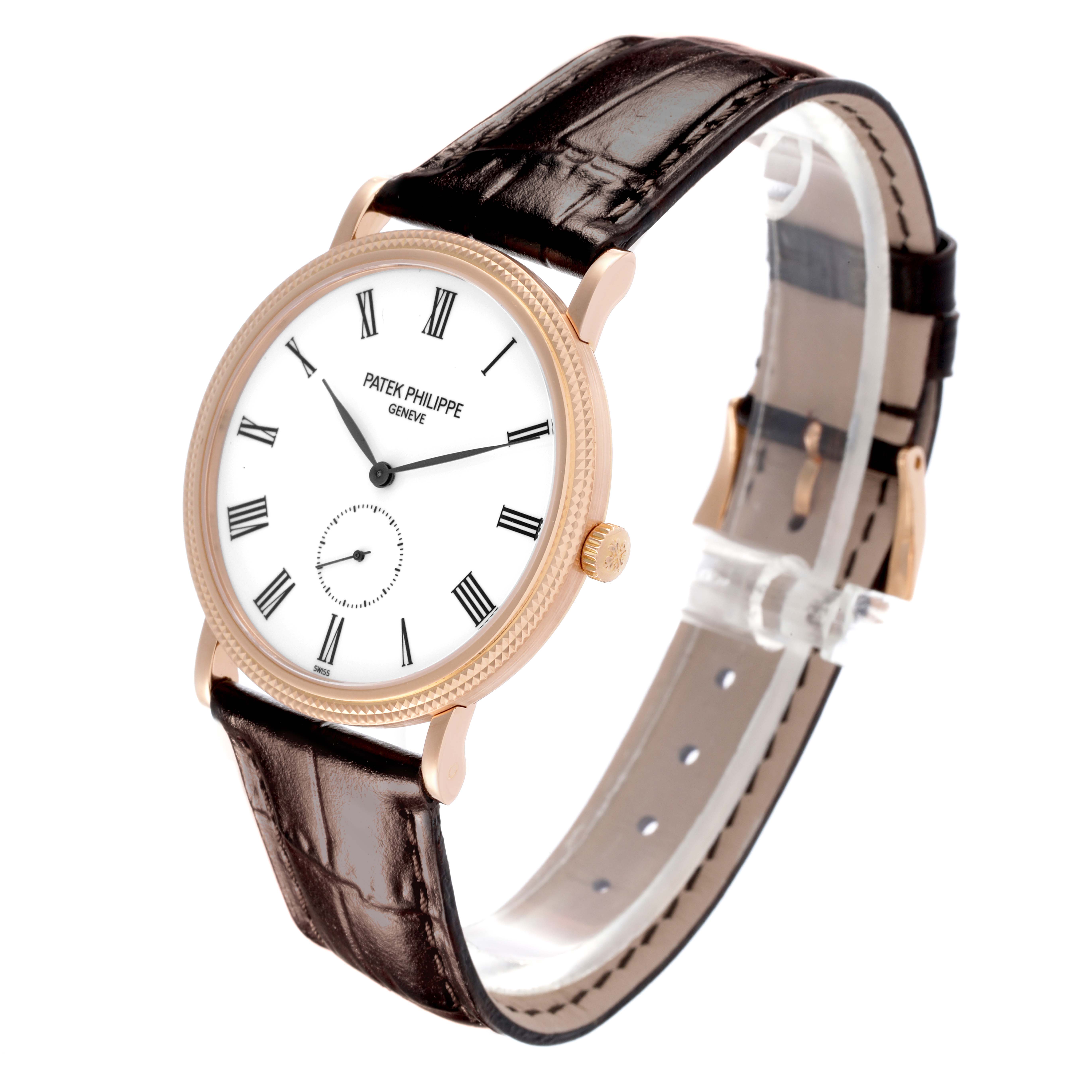 The Patek Philippe Calatrava 5119R-001 Men's Rose Gold White Dial 5119R-001 Men's Rose Gold White Dial watch is shown at a three-quarter angle, displaying the face, strap, and side crown.
