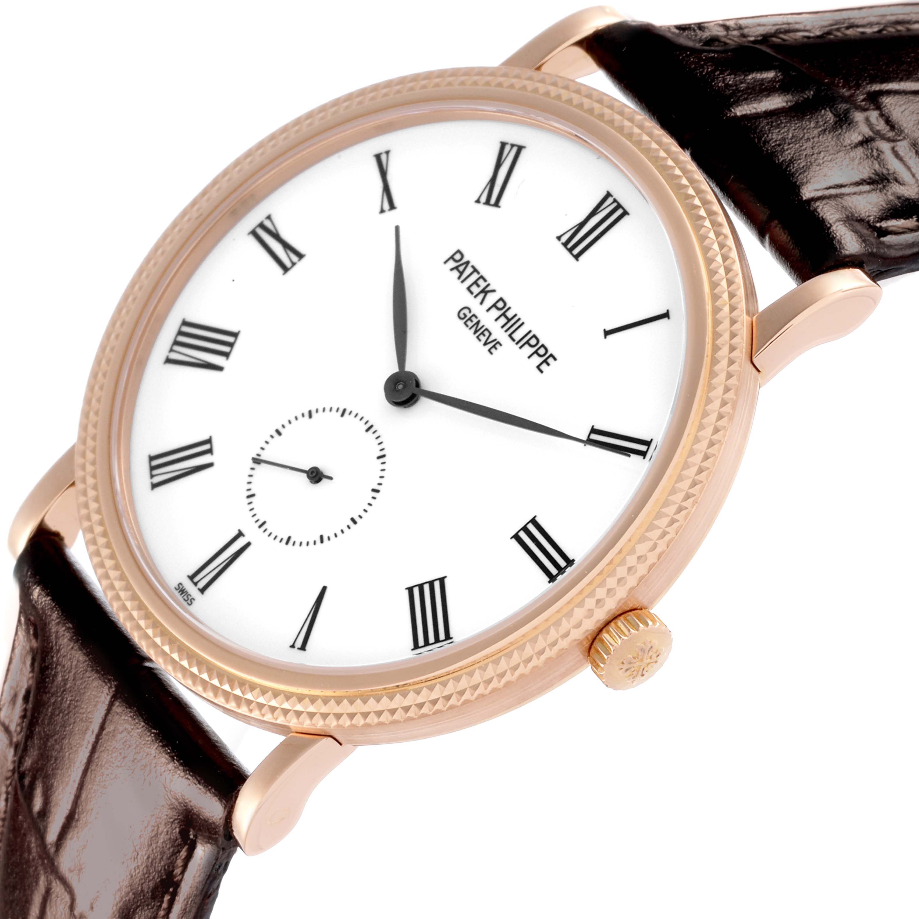 The Patek Philippe Calatrava 5119R-001 Men's Rose Gold White Dial 5119R-001 Men's Rose Gold White Dial watch is shown at an angled close-up, highlighting the face, bezel, and leather strap attachment.