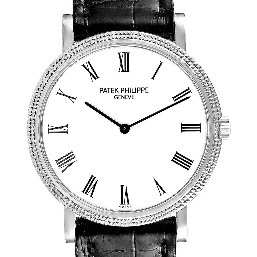 The image shows a frontal view of the Patek Philippe Calatrava watch, highlighting the dial, bezel, and part of the strap.