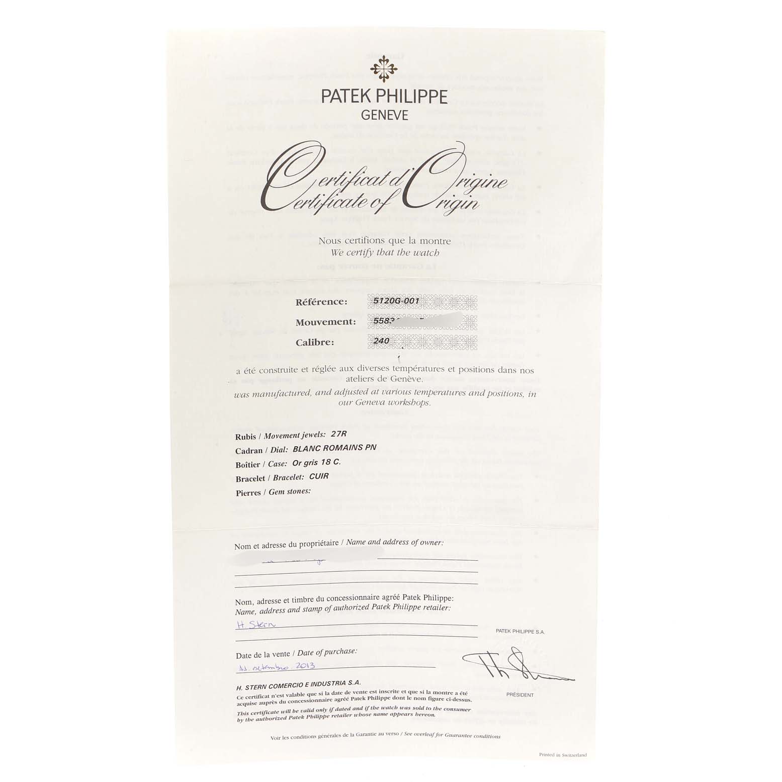The image shows a Certificate of Origin for the Patek Philippe Calatrava 5120G Men's White Gold White Dial 5120G Men's White Gold White Dial model, not the watch itself.