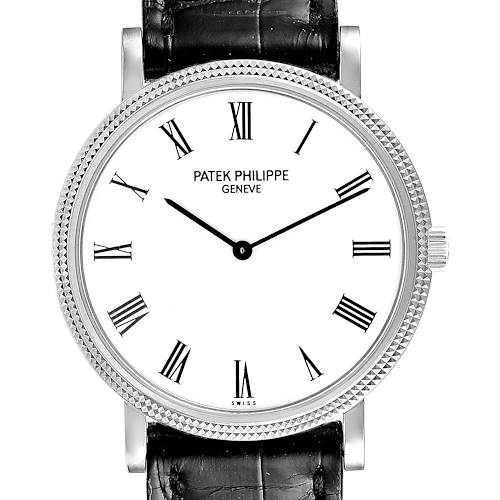 The image shows a front view of the Patek Philippe Calatrava watch, highlighting the dial, Roman numerals, and textured bezel.