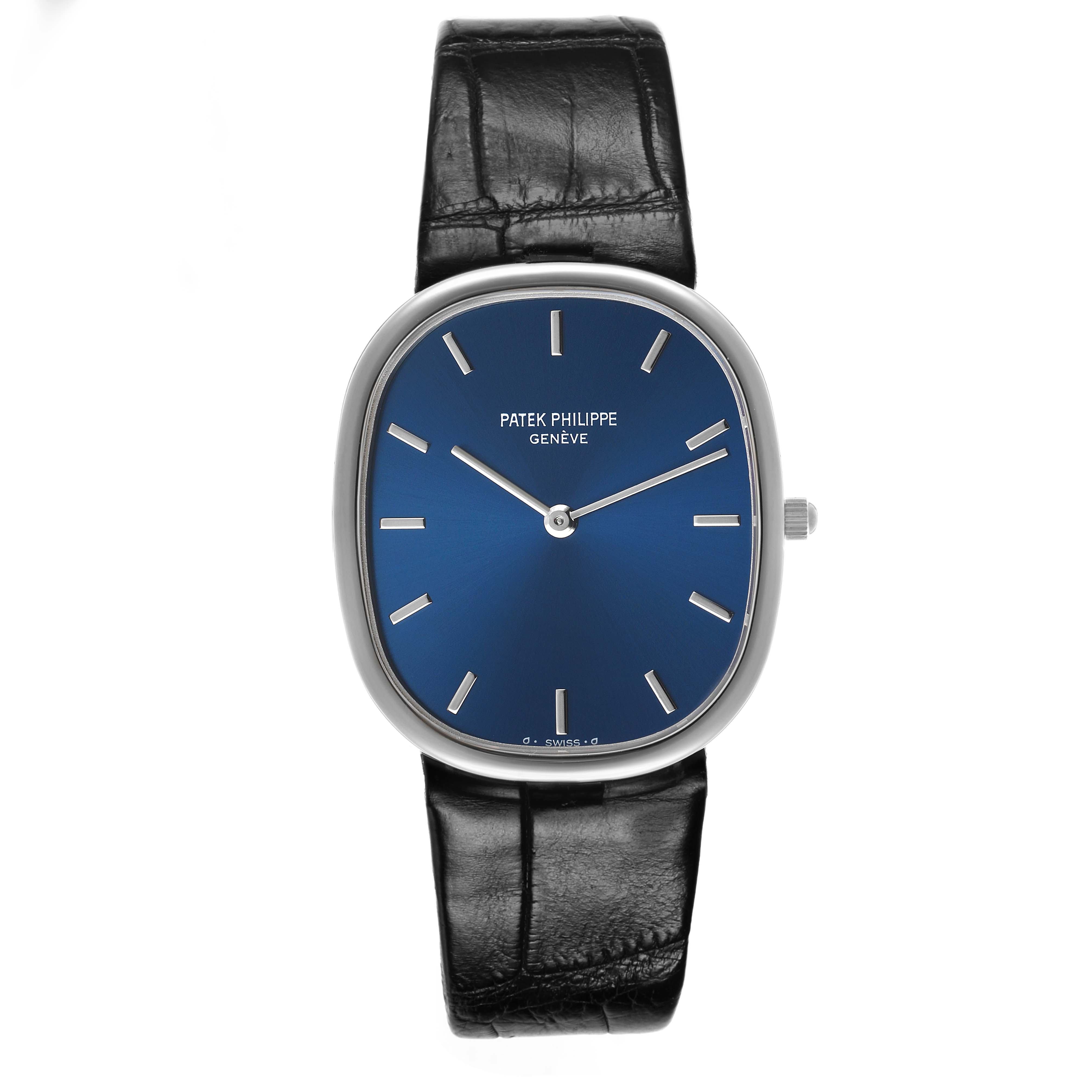 The Patek Philippe Golden Ellipse 3738 Men's White Gold Blue Dial watch is shown from the front, displaying its elliptical dial, hands, markers, and leather strap.