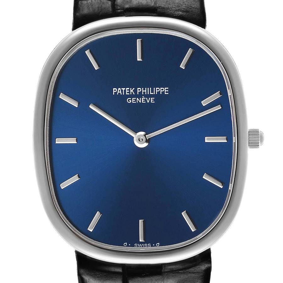 The watch is shown from a front angle, highlighting the dial, hands, and case of the Patek Philippe Golden Ellipse 3738 Men's White Gold Blue Dial model.