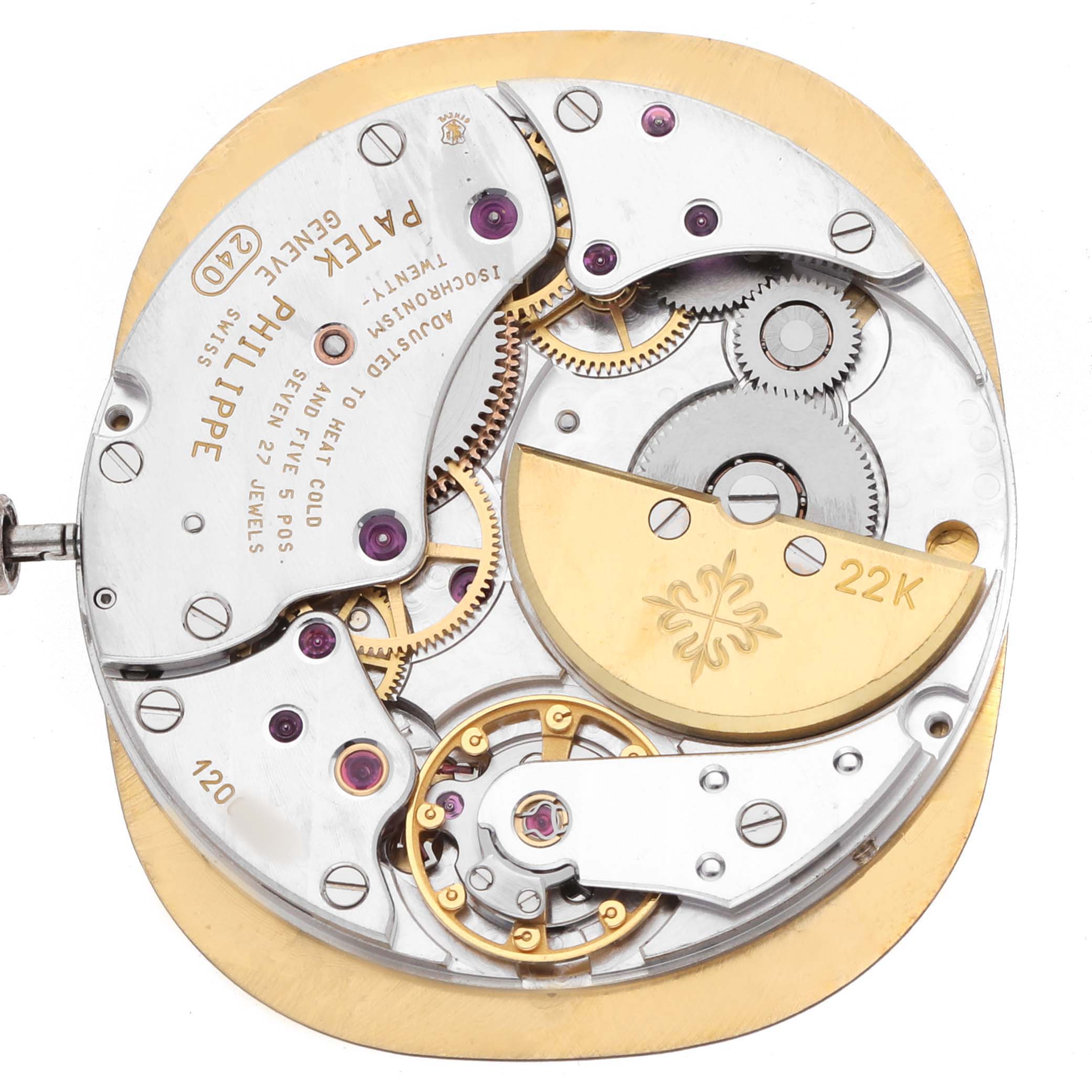 The image shows the intricate movement of a Patek Philippe Golden Ellipse 3738 Men's White Gold Blue Dial watch from a top-down angle.