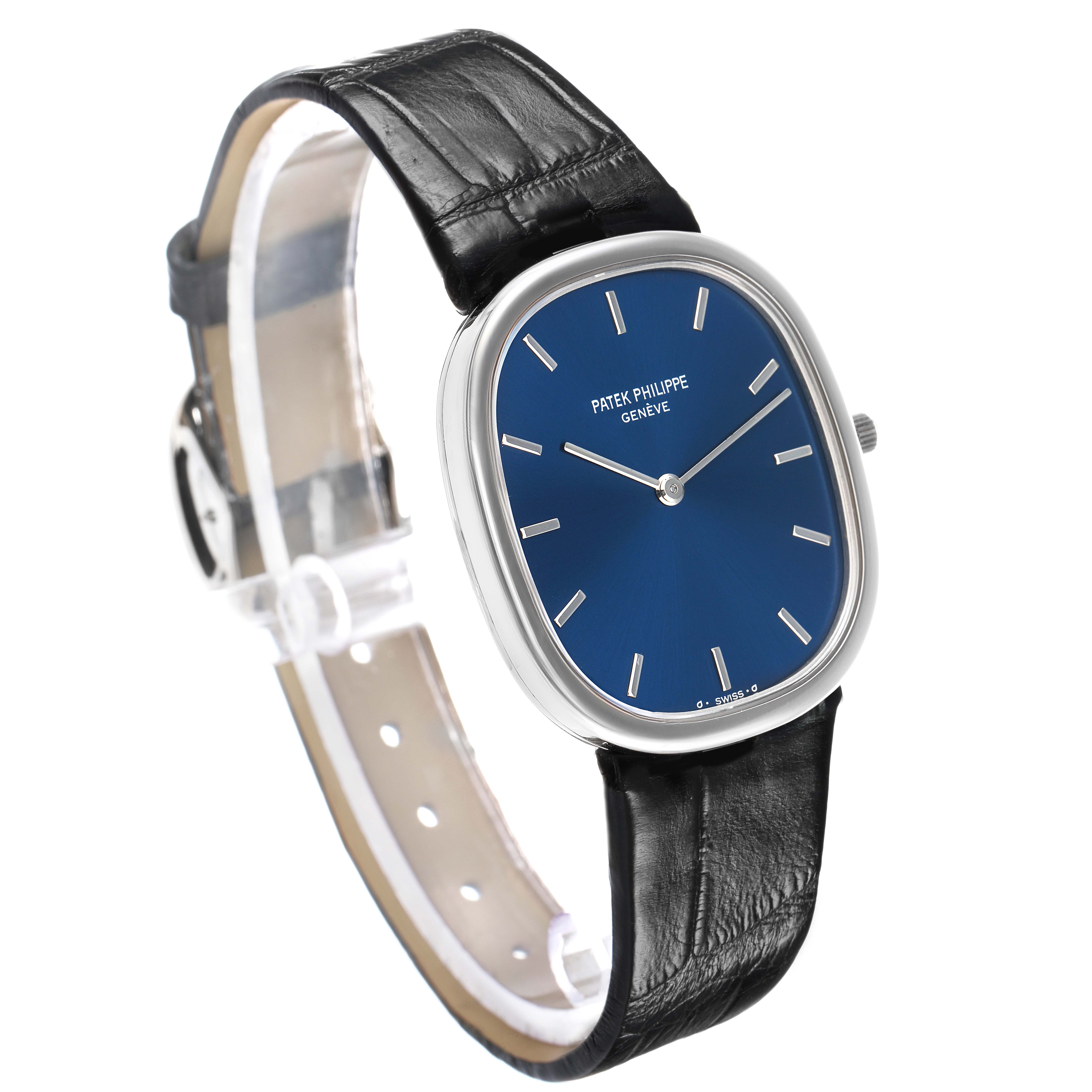 The Patek Philippe Golden Ellipse 3738 Men's White Gold Blue Dial watch is shown at a three-quarter angle, highlighting the blue dial and black leather strap.