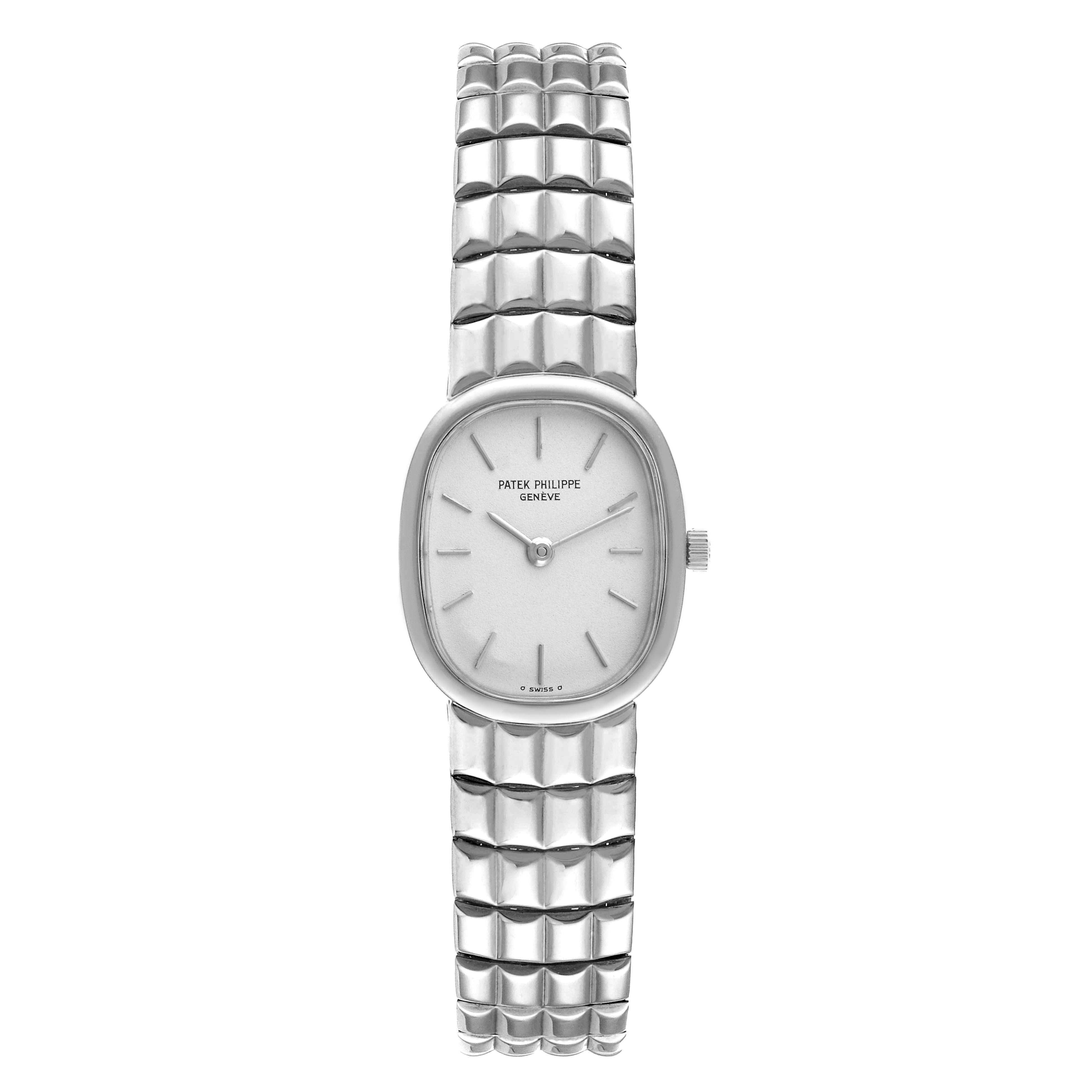 The image shows a front view of the Patek Philippe Golden Ellipse 4764/15 Women's White Gold Silver Dial 4764/15 Women's White Gold Silver Dial model, displaying its dial and bracelet.