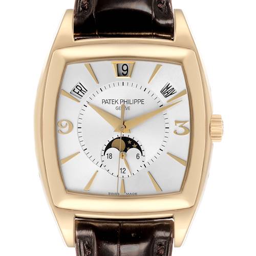 The image shows a front view of the Patek Philippe Gondolo watch, highlighting the dial, gold case, and leather strap.