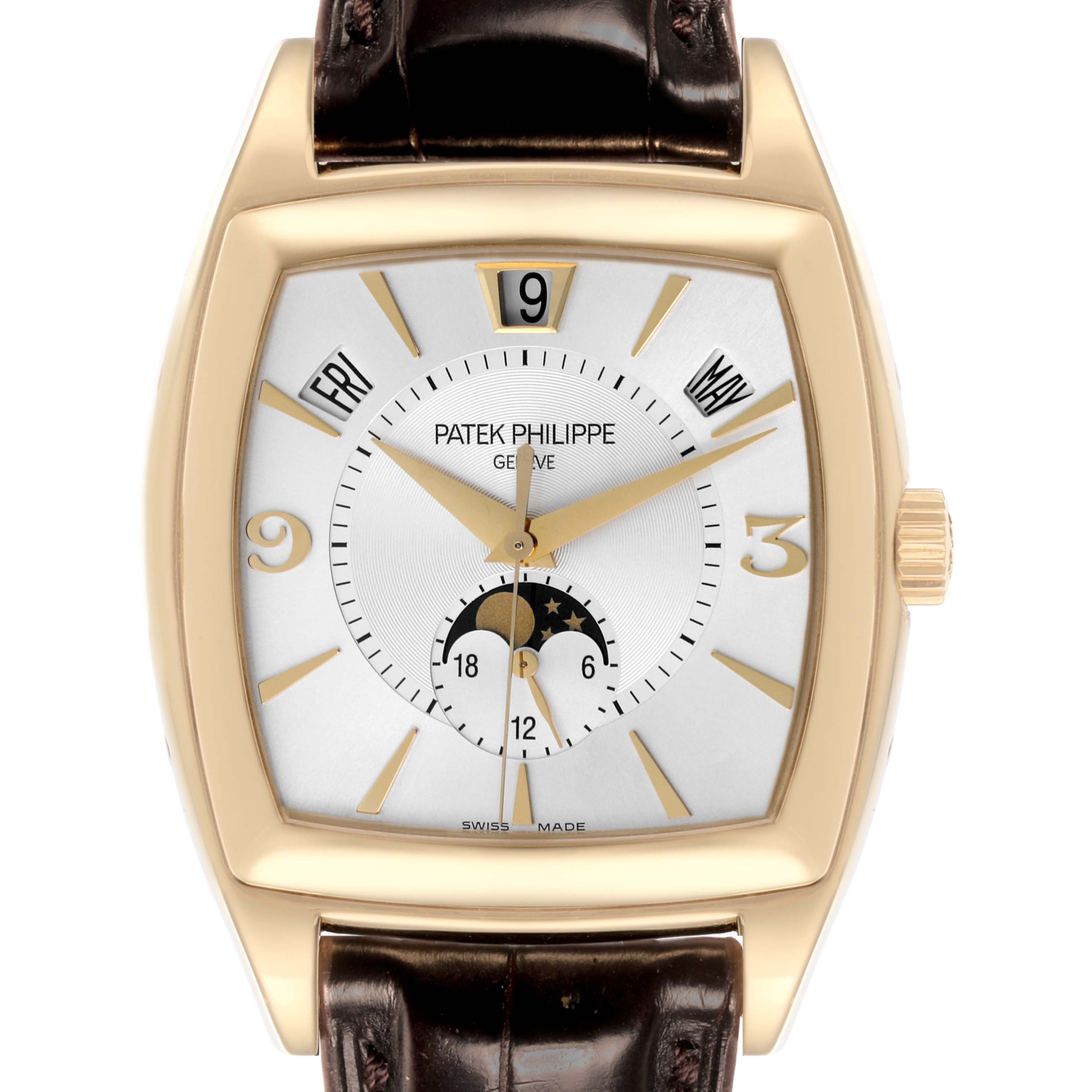The Patek Philippe Gondolo 5135J-001 Men's Yellow Gold Silver Dial 5135J-001 Men's Yellow Gold Silver Dial watch is shown from the front, highlighting its dial, case, and crown.
