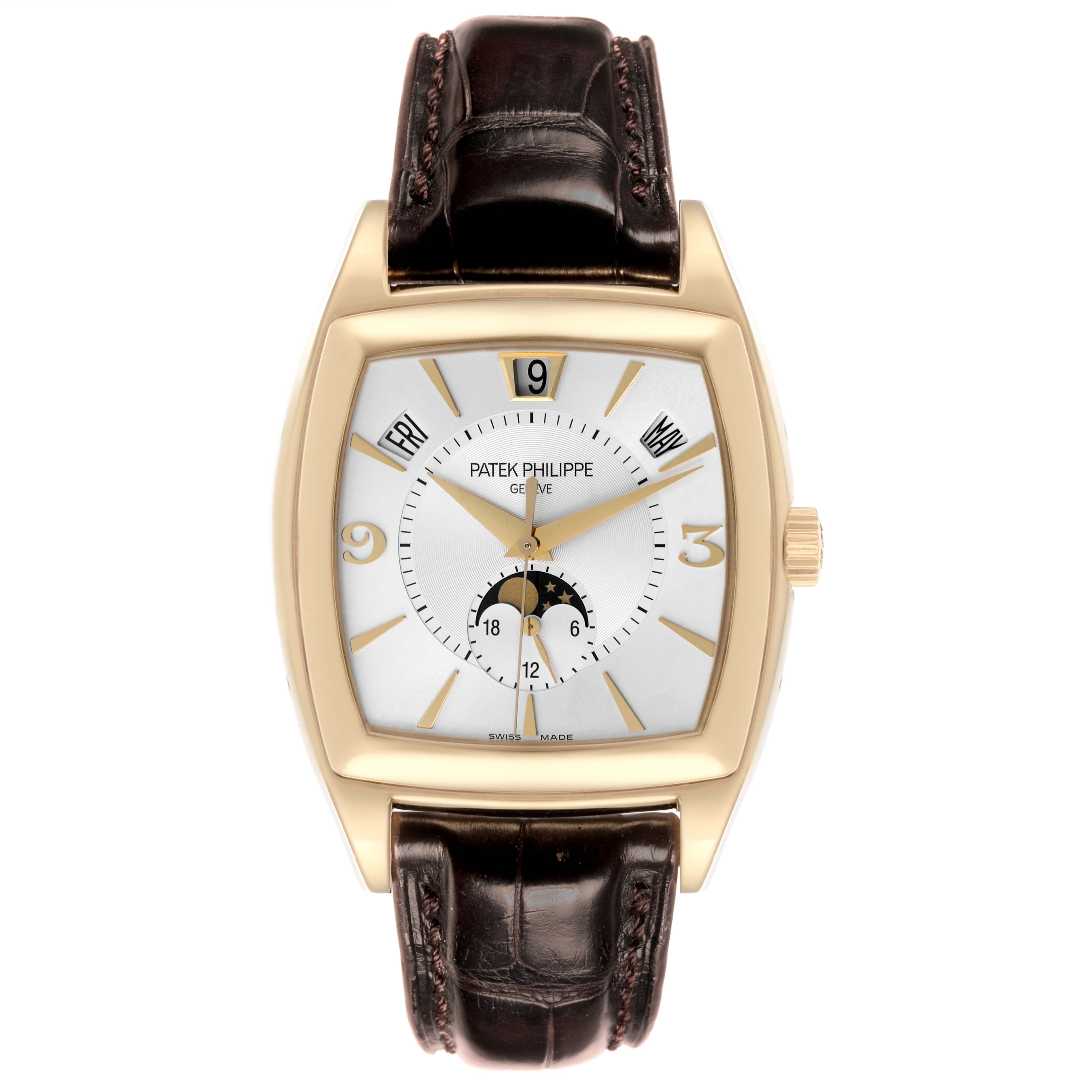 The image shows a frontal view of the Patek Philippe Gondolo 5135J-001 Men's Yellow Gold Silver Dial 5135J-001 Men's Yellow Gold Silver Dial watch, highlighting its dial and leather strap.