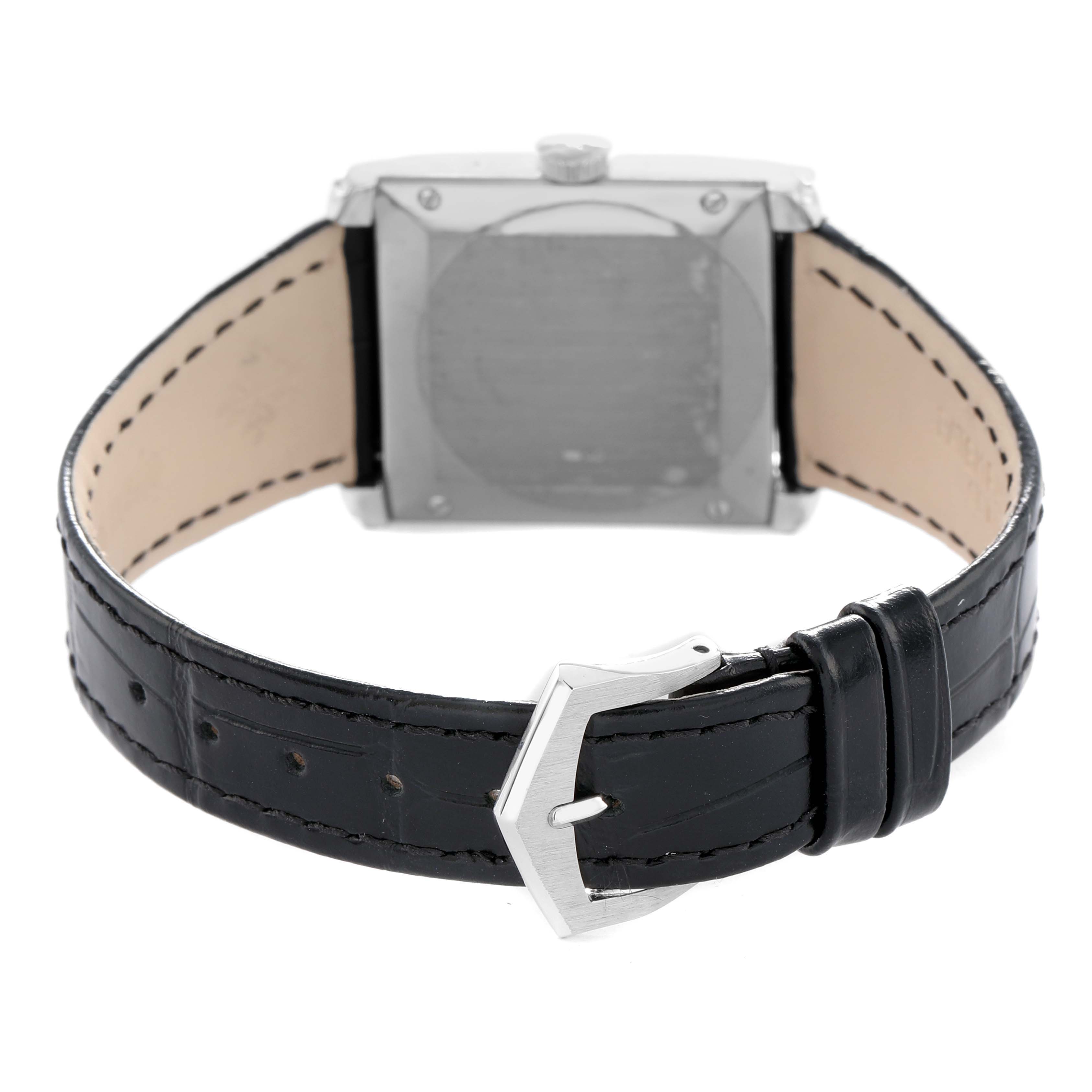 The image shows the back view of a Patek Philippe Gondolo 5014 Men's White Gold Silver Dial watch, highlighting the case, leather strap, and clasp.