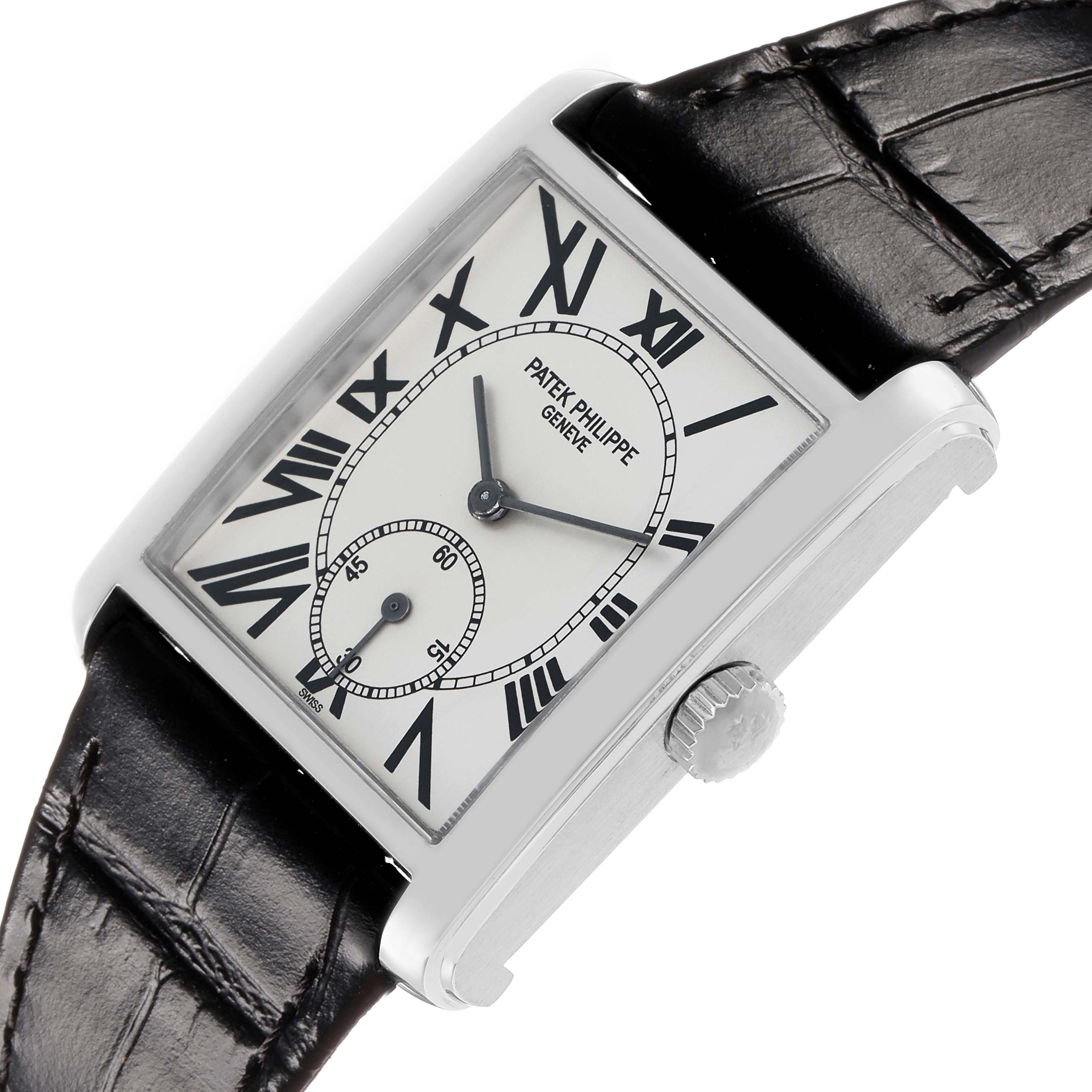 The Patek Philippe Gondolo 5014 Men's White Gold Silver Dial watch is shown at a slight angle, highlighting the dial, Roman numerals, subdial, and crown.