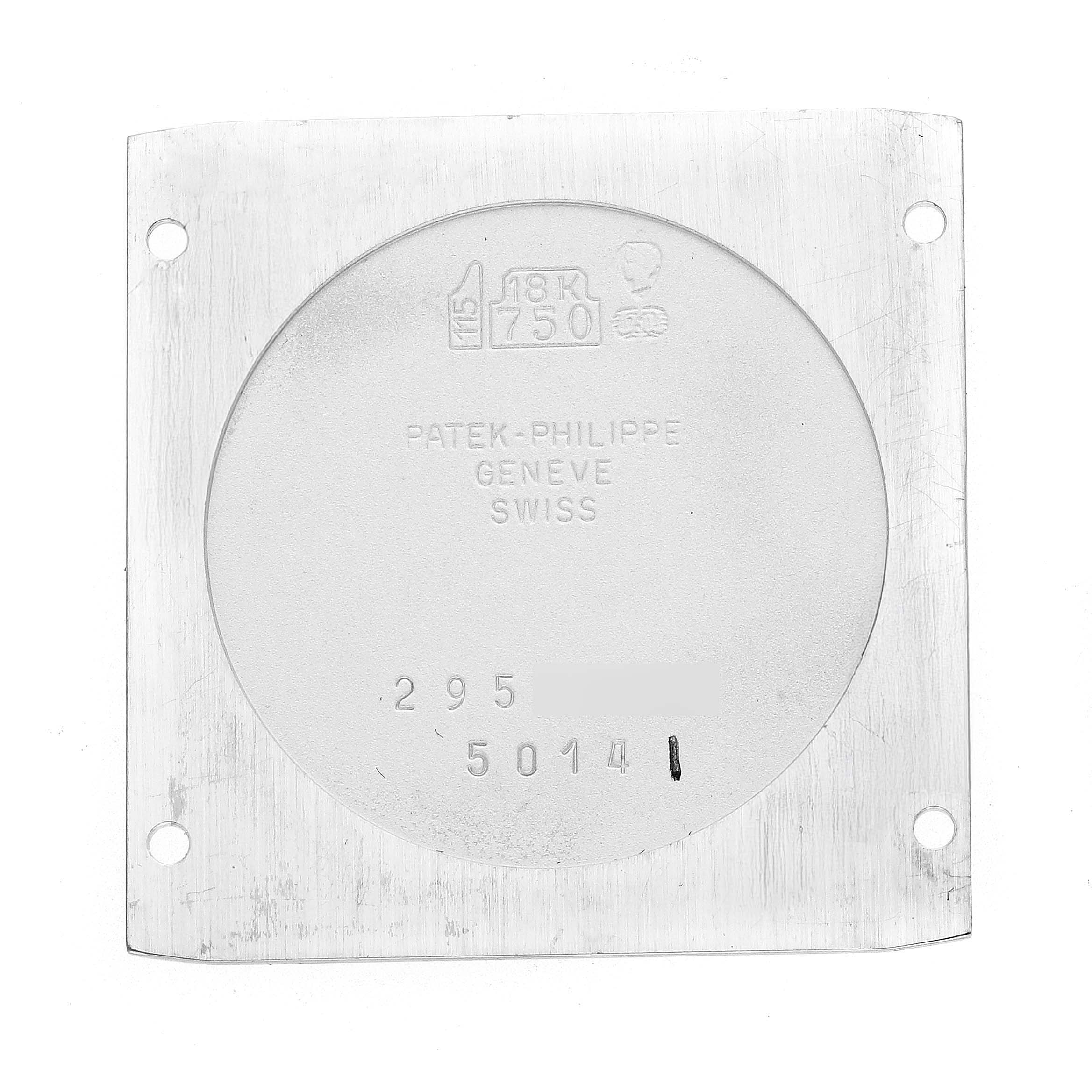 The image shows the inside case back of a Patek Philippe Gondolo 5014 Men's White Gold Silver Dial watch, engraved with details and hallmarks.