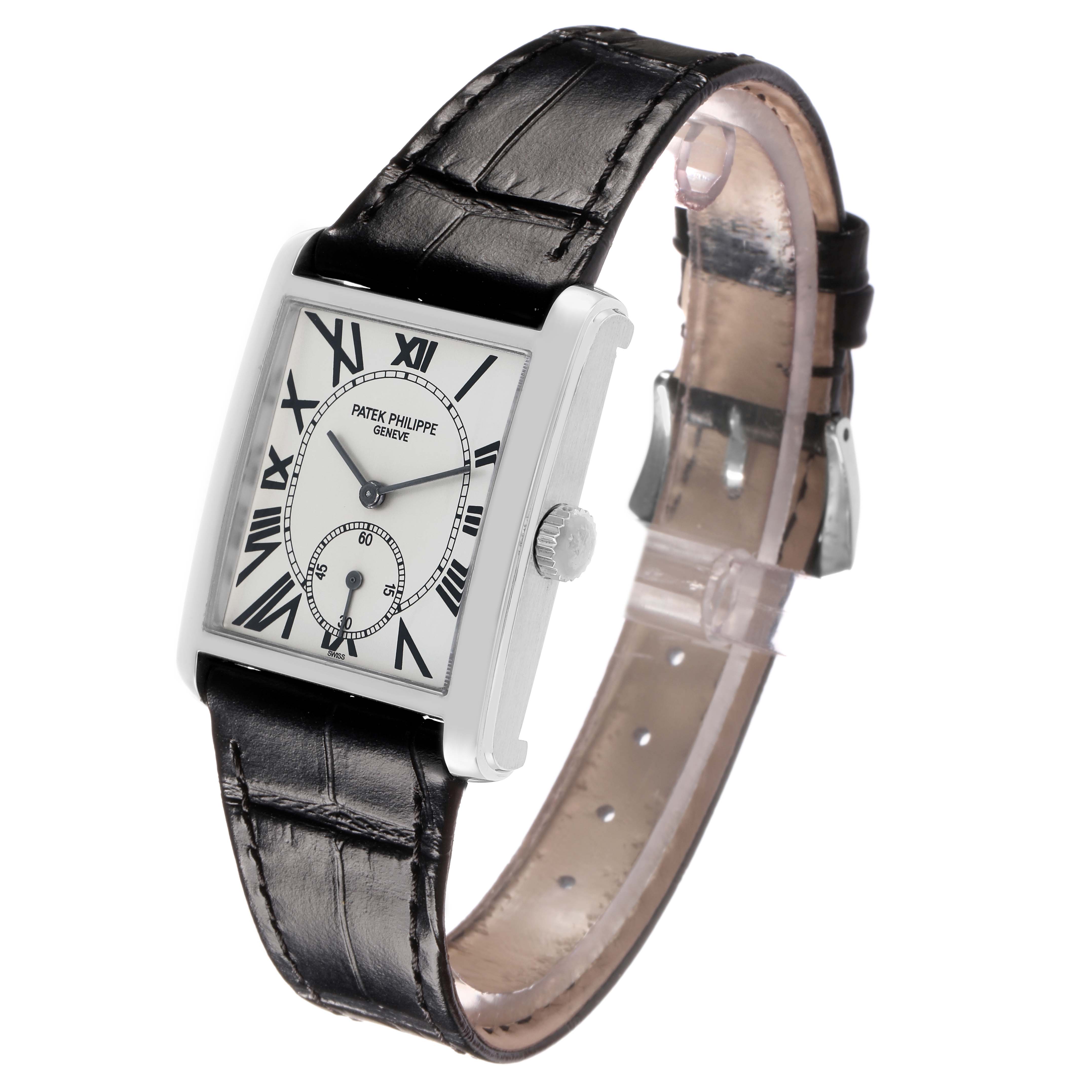 The Patek Philippe Gondolo 5014 Men's White Gold Silver Dial watch is shown at a three-quarter angle, displaying the face, bezel, strap, and crown.