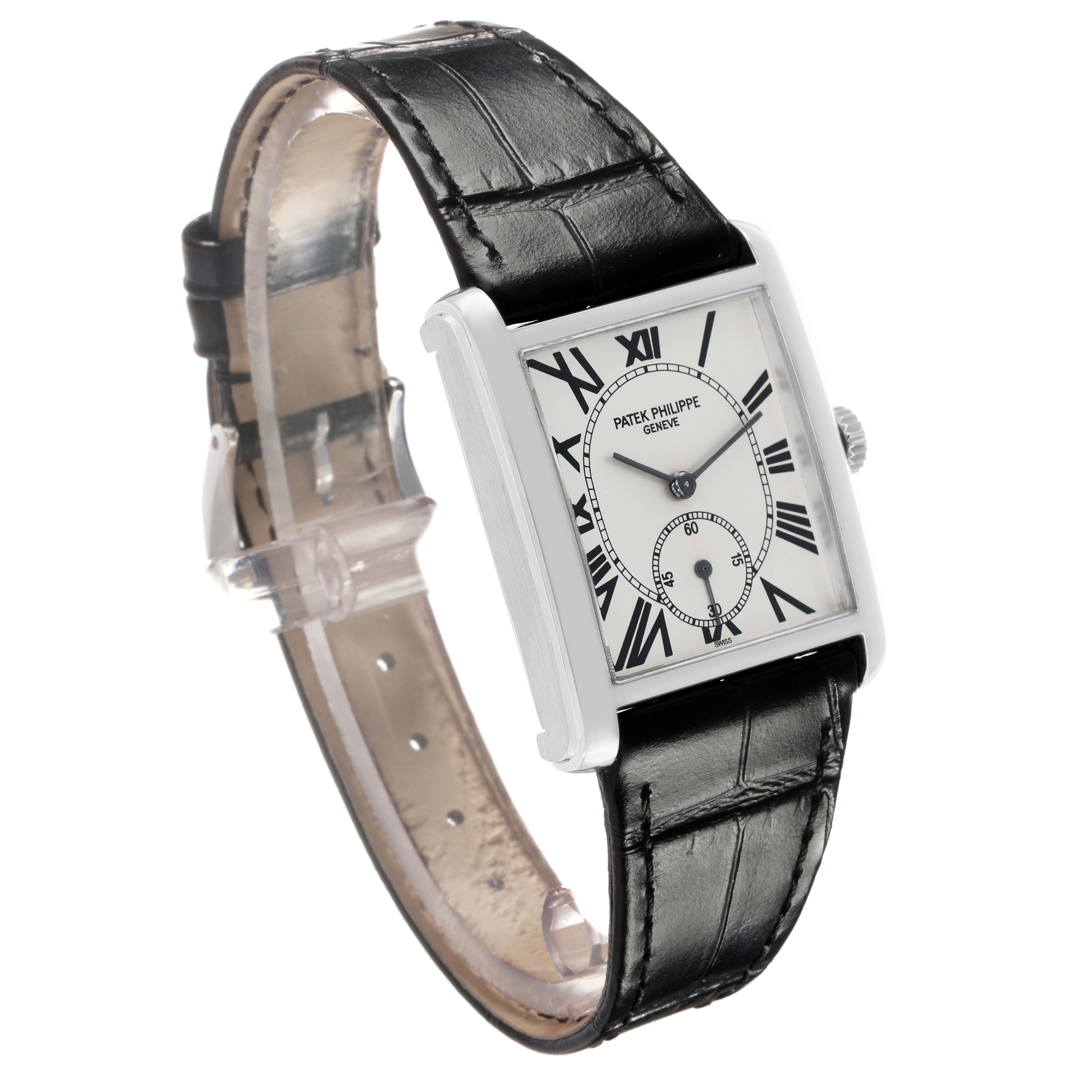 The Patek Philippe Gondolo 5014 Men's White Gold Silver Dial watch is shown at a slight angle, highlighting its rectangular face and black leather strap.