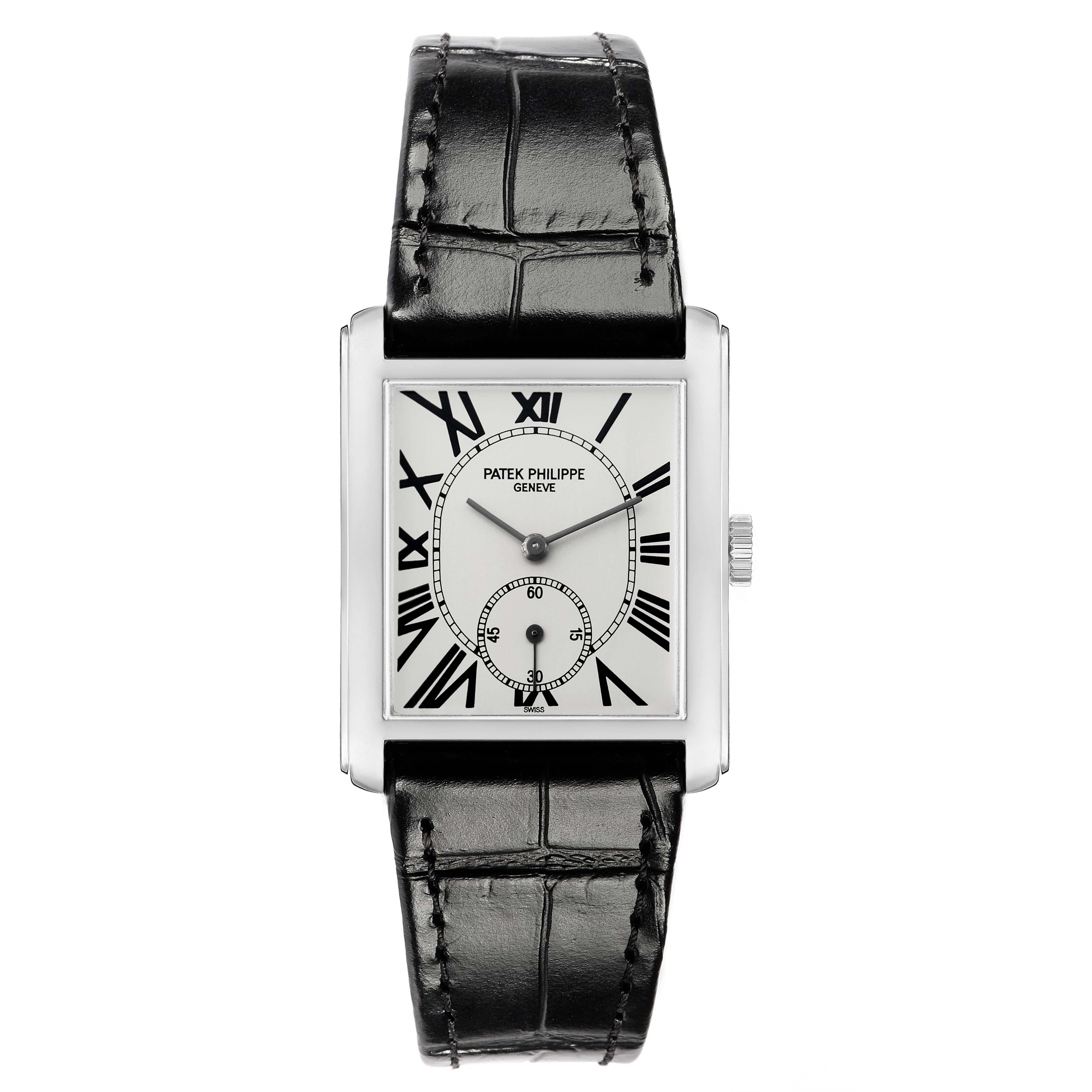The Patek Philippe Gondolo 5014 Men's White Gold Silver Dial watch is shown from a top-down angle, highlighting its rectangular face, Roman numerals, and leather strap.