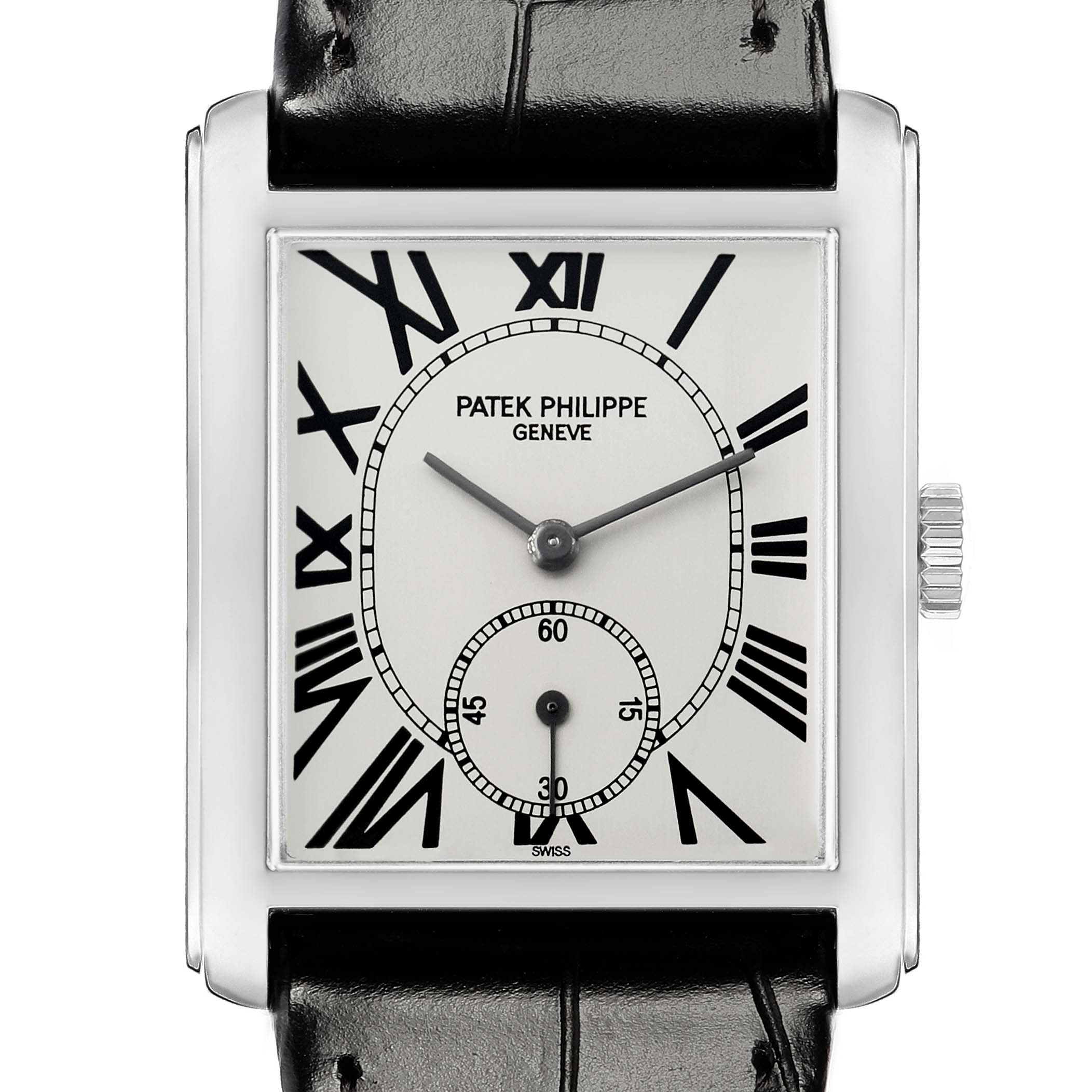 The Patek Philippe Gondolo 5014 Men's White Gold Silver Dial watch is shown from the front, highlighting the dial, Roman numerals, hands, and crown.