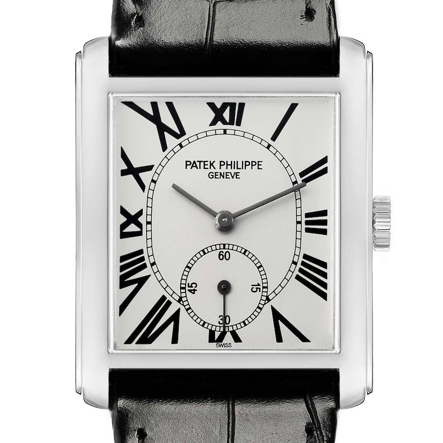 The Patek Philippe Gondolo 5014 Men's White Gold Silver Dial watch is shown from the front, highlighting the dial, Roman numerals, hands, and crown.