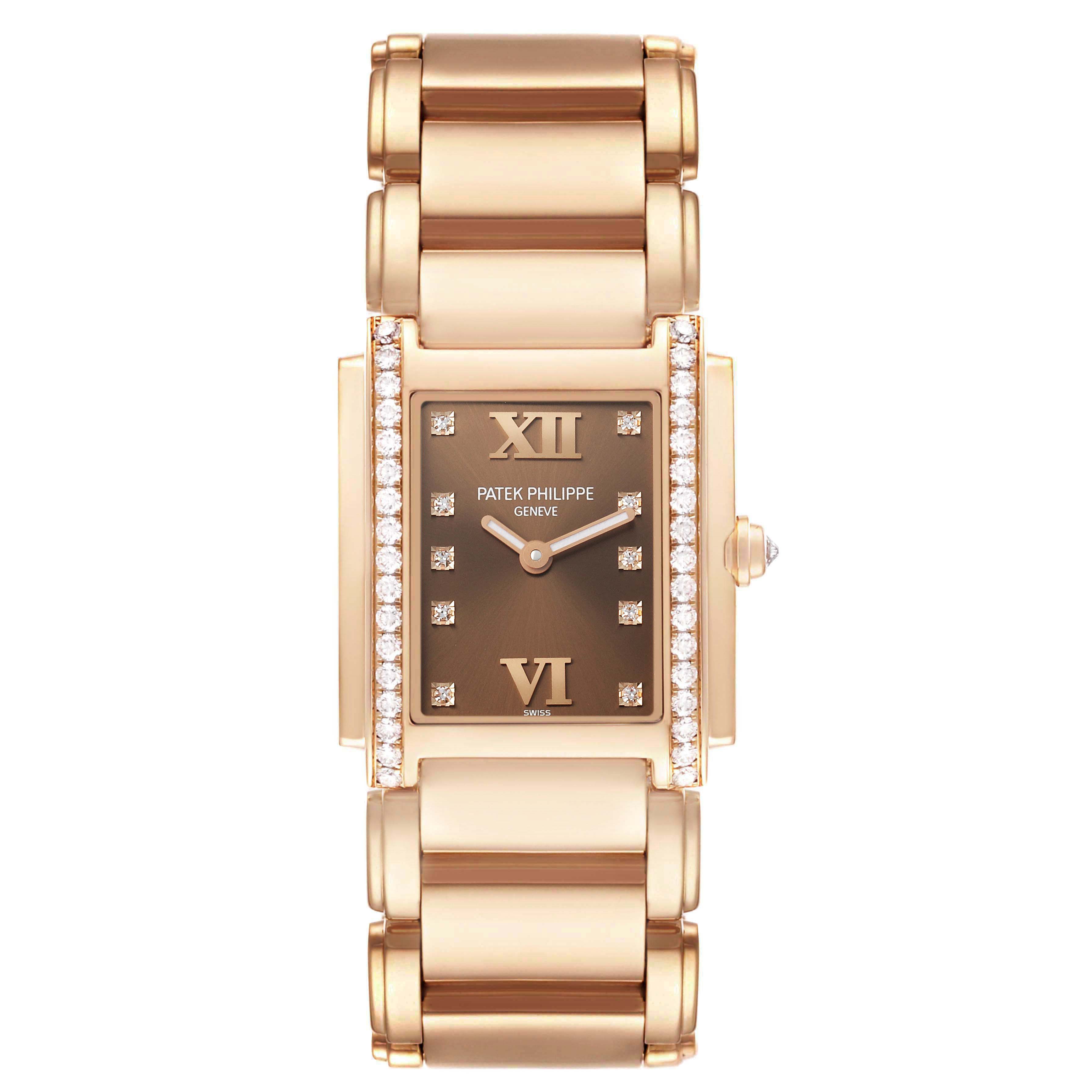 The Patek Philippe Twenty-4 4910 Women's Rose Gold Brown Dial watch is shown from a top-down angle, highlighting its rectangular face, diamond accents, and bracelet.