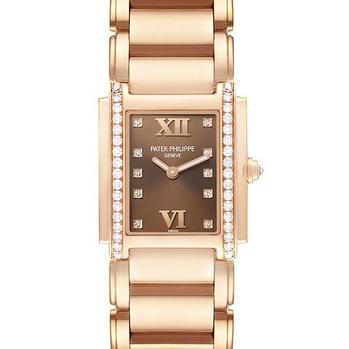 The image shows a front view of the Patek Philippe Twenty-4 4910 Women's Rose Gold Brown Dial watch, highlighting its face, diamond accents, and bracelet.