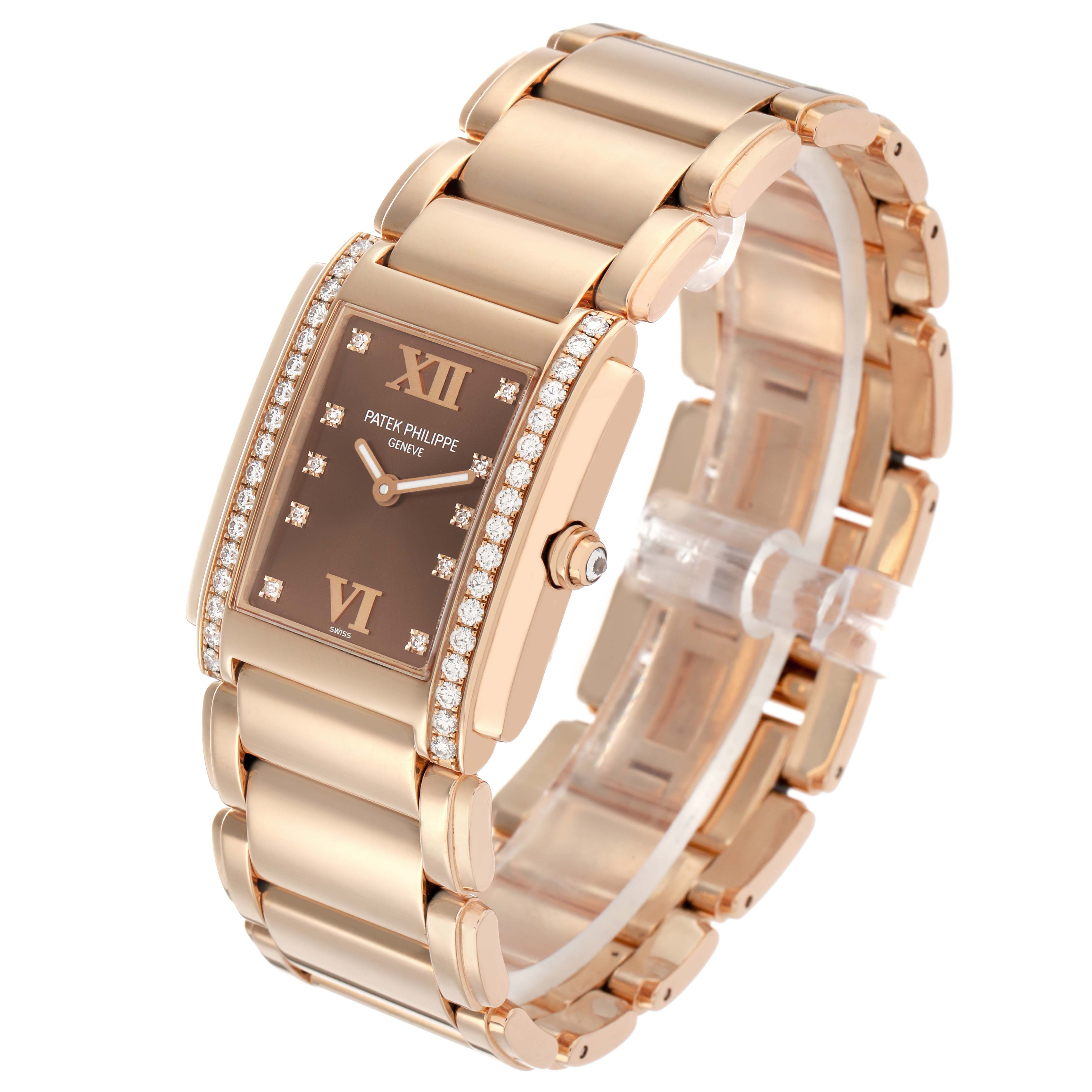 The Patek Philippe Twenty-4 4910 Women's Rose Gold Brown Dial watch is shown at a three-quarter angle, highlighting the bracelet, case, and diamond accents.