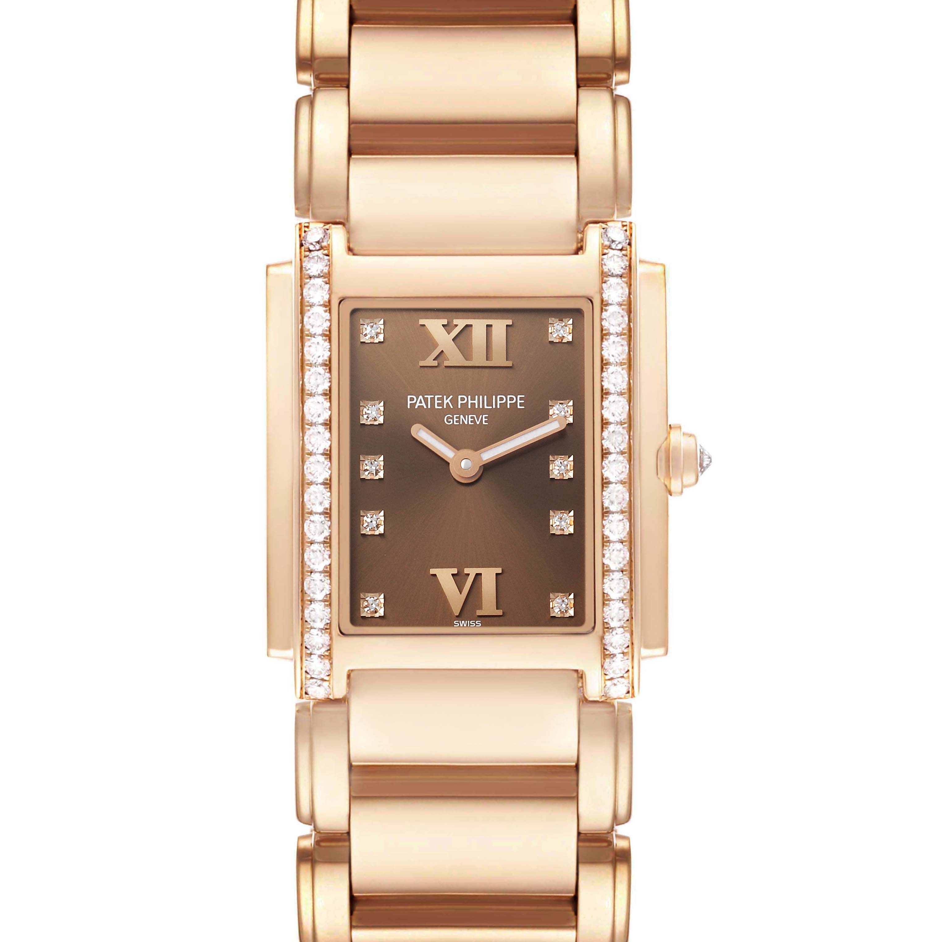 The Patek Philippe Twenty-4 4910 Women's Rose Gold Brown Dial watch is shown from a top view, highlighting the dial, diamond-set bezel, and bracelet.