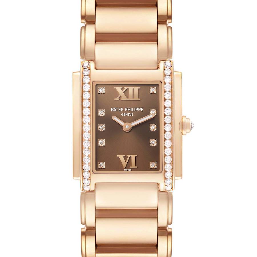 The Patek Philippe Twenty-4 4910 Women's Rose Gold Brown Dial watch is shown from a top view, highlighting the dial, diamond-set bezel, and bracelet.