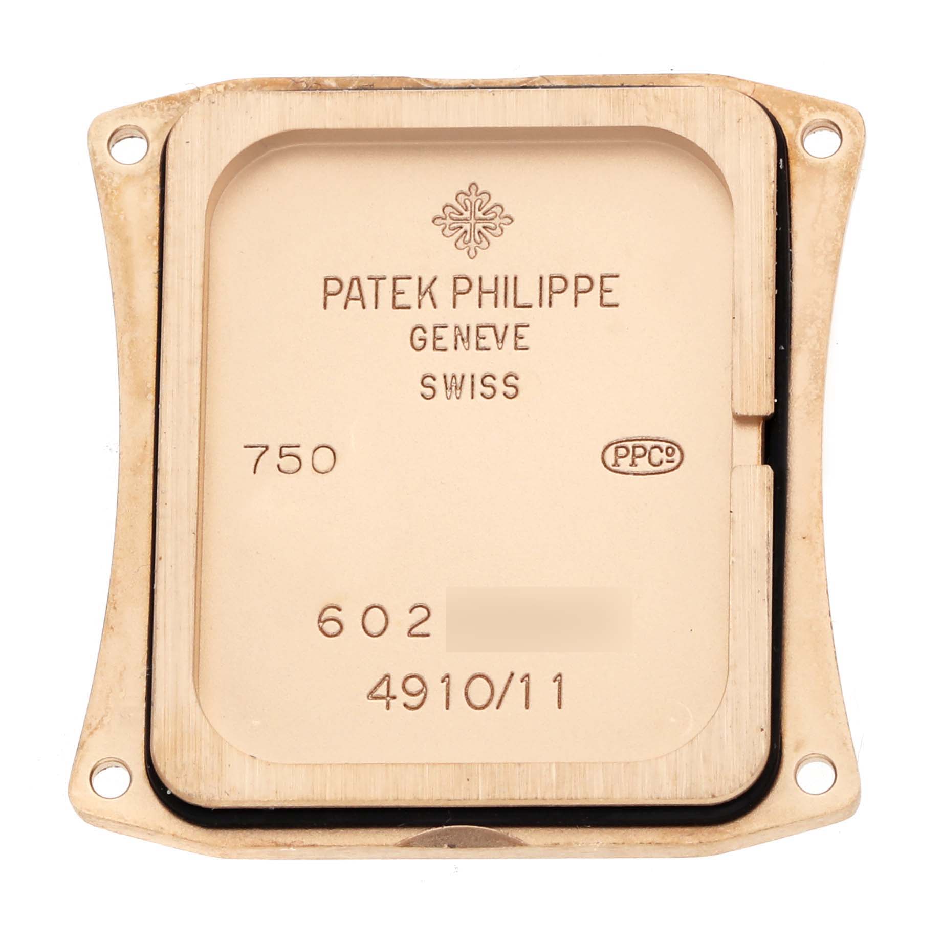 This image shows the back casing of a Patek Philippe Twenty-4 4910 Women's Rose Gold Brown Dial watch, displaying the engravings and model details.