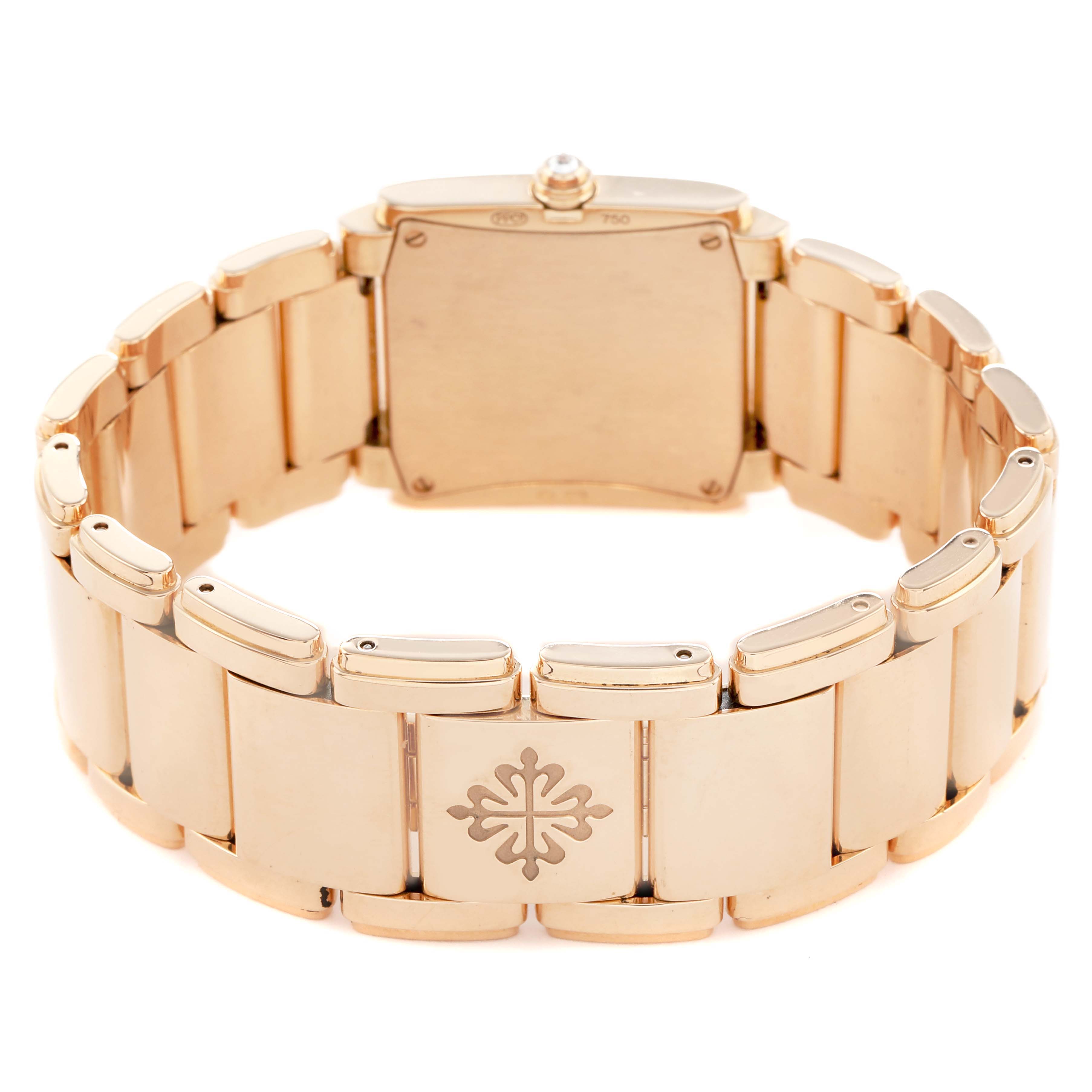 The image shows the back and bracelet of the Patek Philippe Twenty-4 4910 Women's Rose Gold Brown Dial watch, highlighting the clasp and emblem.