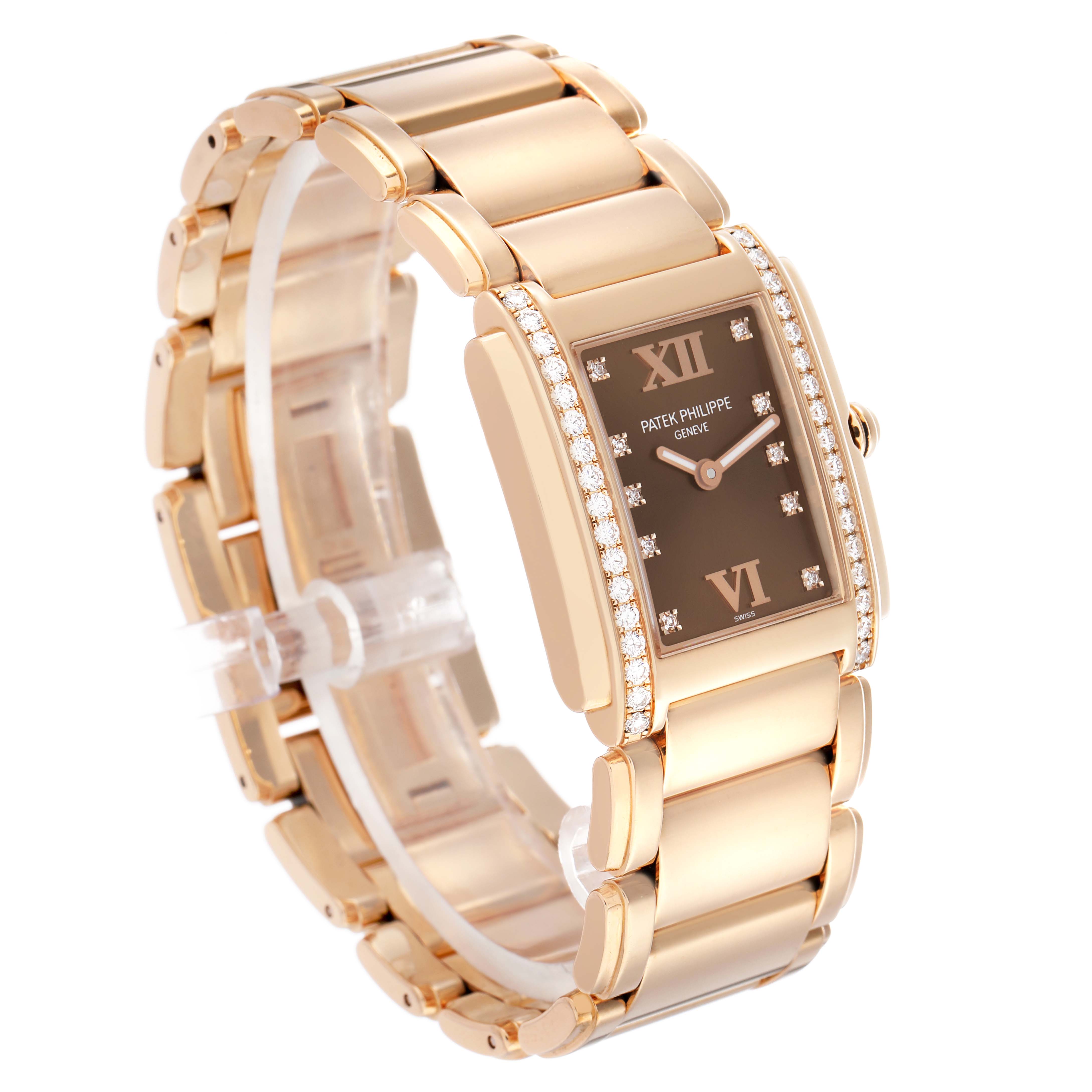 The Patek Philippe Twenty-4 4910 Women's Rose Gold Brown Dial watch is shown in a three-quarter angle, highlighting the bracelet and rectangular diamond-encrusted case.