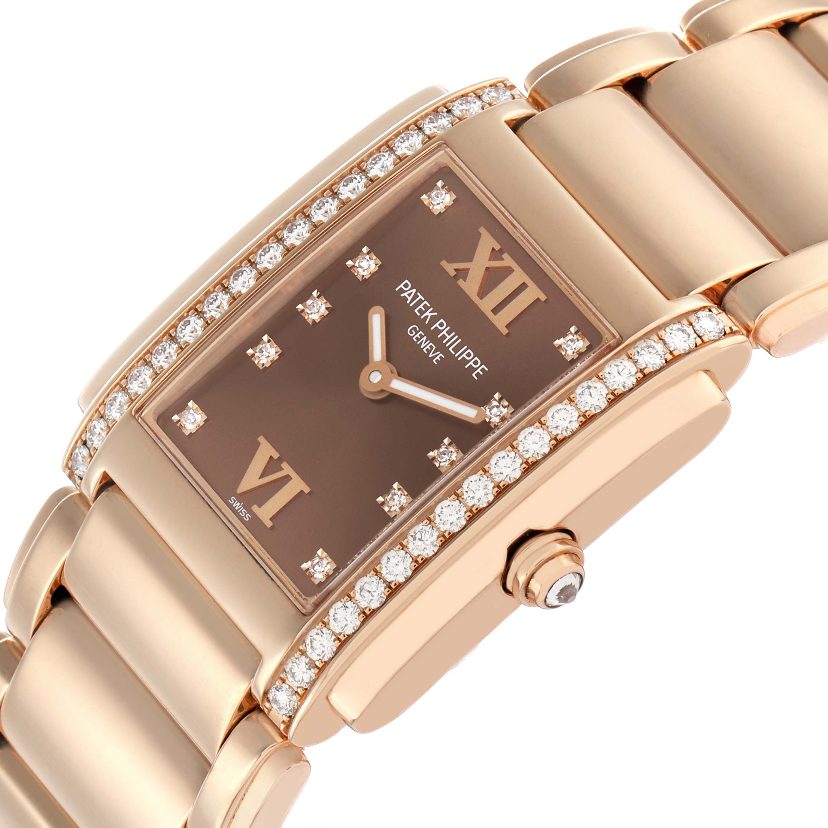 The Patek Philippe Twenty-4 4910 Women's Rose Gold Brown Dial watch is shown at an angled close-up, highlighting its diamond-encrusted bezel and bracelet.