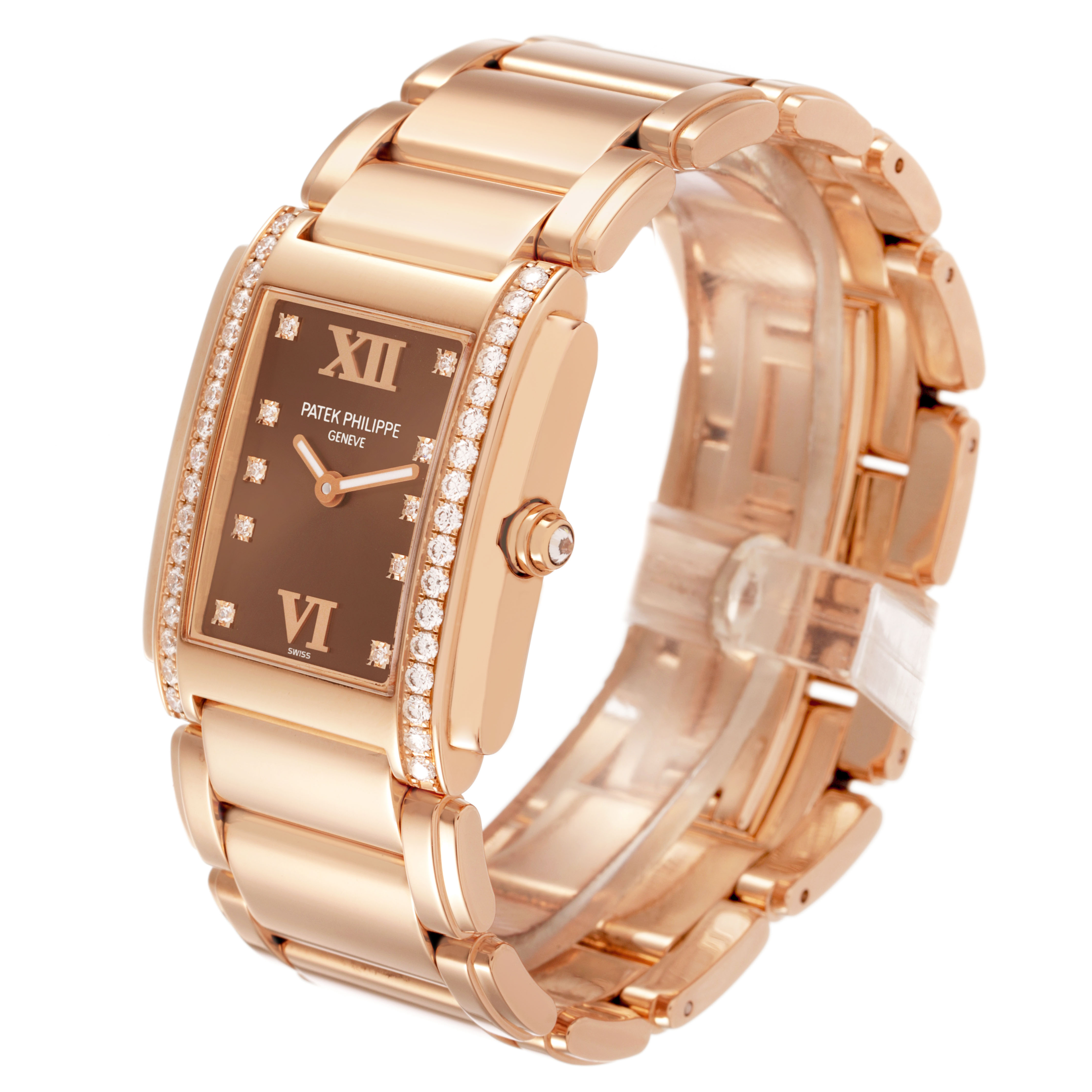 The Patek Philippe Twenty-4 4910 Women's Rose Gold Brown Dial watch is shown at a slight angle, displaying its rectangular face, bracelet, and diamond accents.