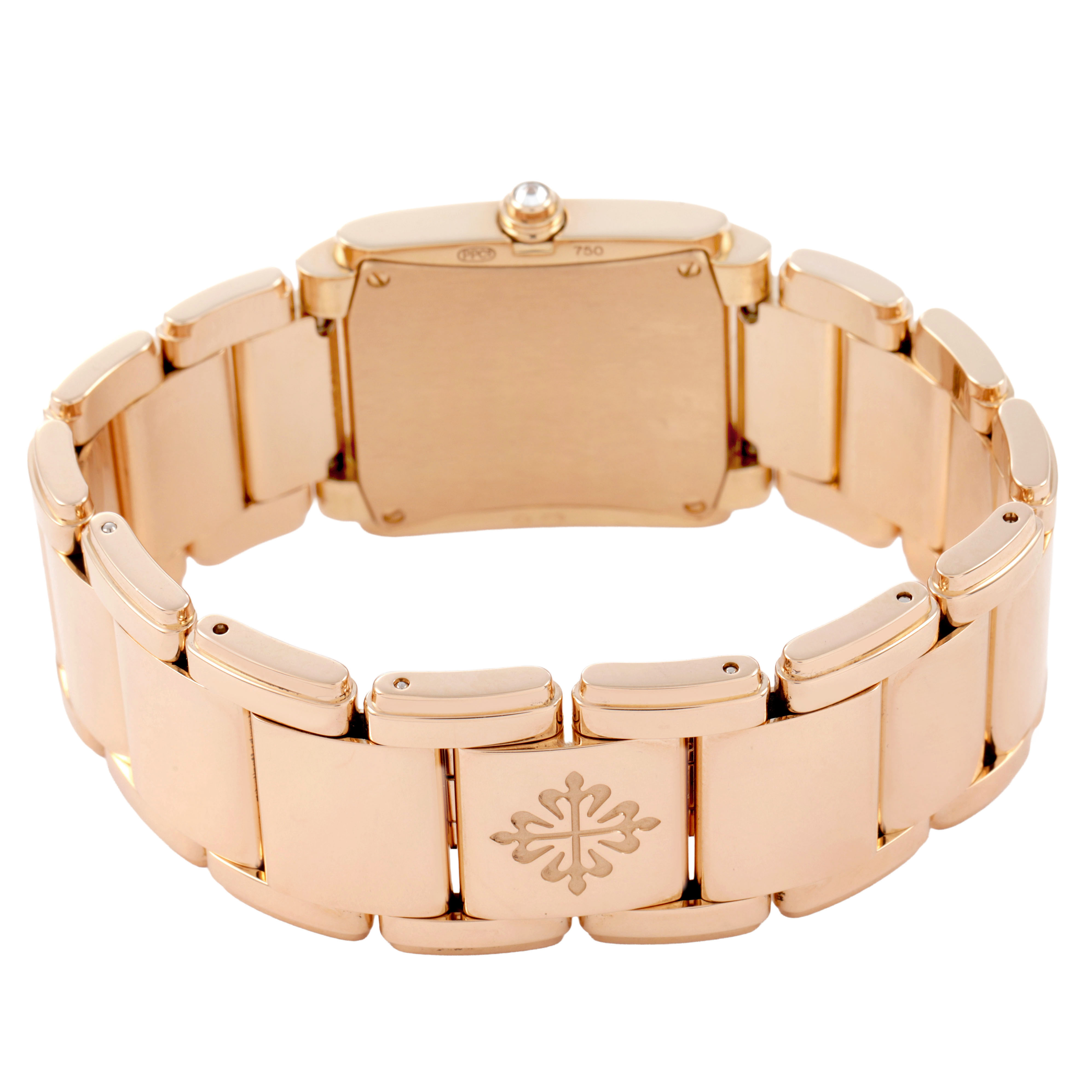 The image shows the rear view of a Patek Philippe Twenty-4 4910 Women's Rose Gold Brown Dial watch, focusing on the bracelet and clasp.